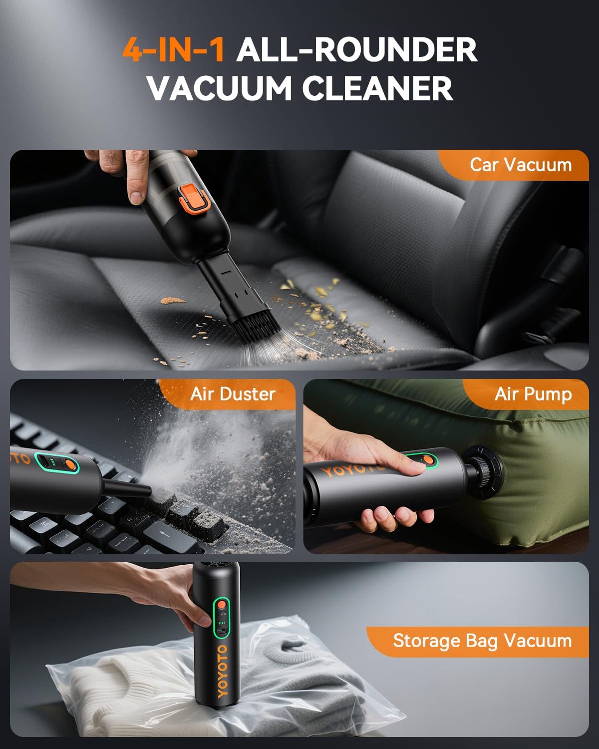 Car Vacuum, Handheld Vacuum Cordless with 21000Pa Powerful Suction & 3 Modes, 4-in-1 Portable Hand Held Mini Vacuum Cleaner Rechargeable, Ultra Light for Car Home Office (Black)