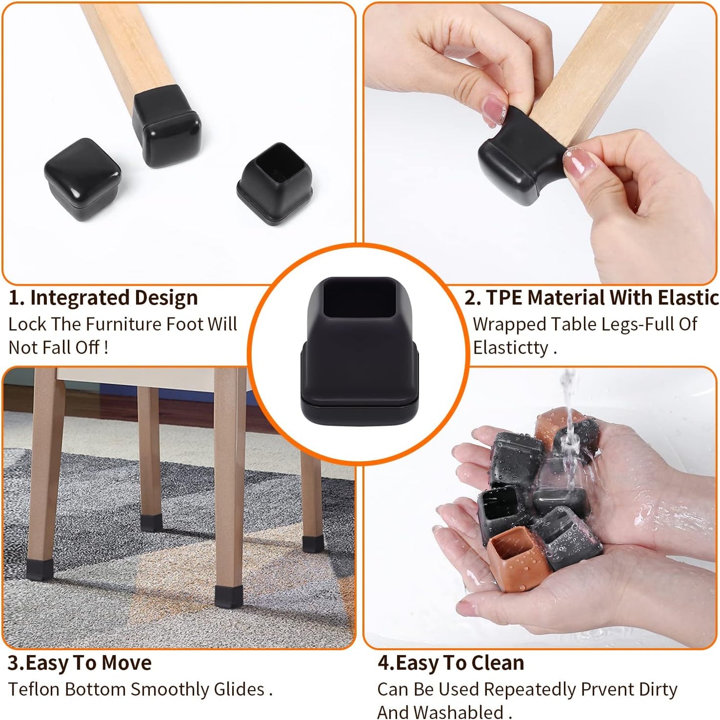 Ezprotekt 24 Pcs Chair Leg Sliders for Carpet, Square Black Chair Glides Teflon Furniture Pads, Bar Stool Leg Protectors Caps for Rug - for Dining Table, Couch, Patio Legs (M Fit: 0.75" - 1")