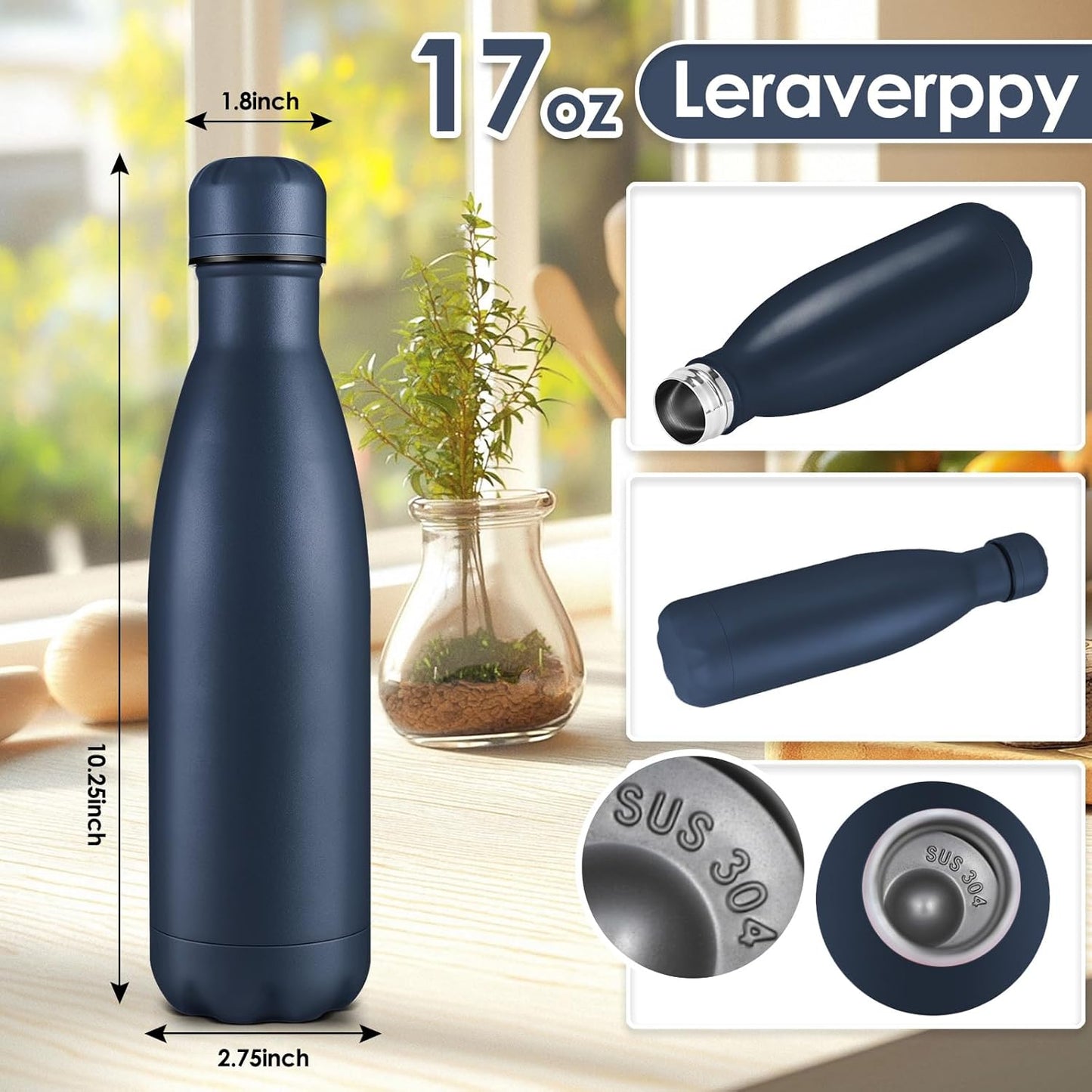 17oz Cola-Bottle Shaped Stainless Steel Leak-proof Water Bottle,Double Wall Vacuum Insulated Metal,Travel Mug For Sports Indoors & Outdoors,BPA-Free School Kids Flasks,Navy(8Pack)