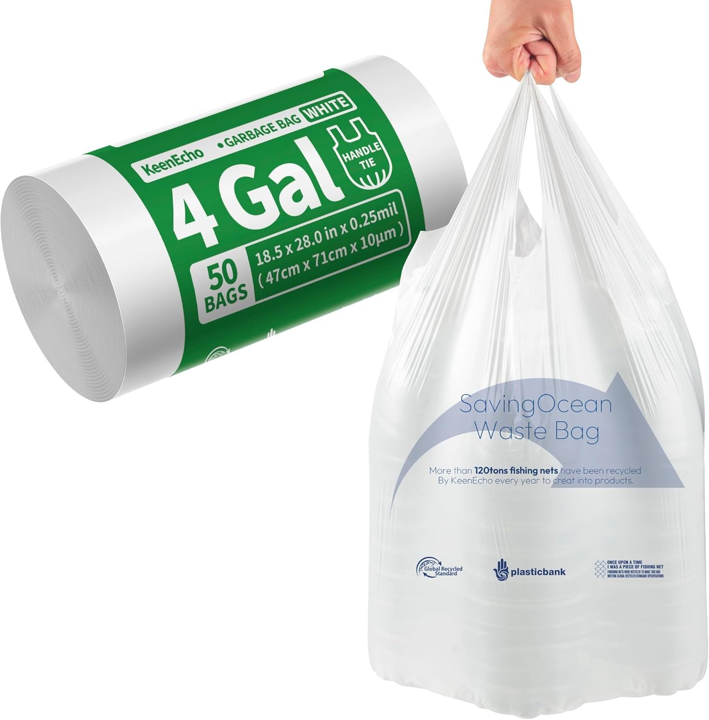 Small Trash Bags with Handles 4 Gallon 50 Count White - Ocean Plastic Upcycling - Plastic Garbage Bags, Can Bin & Waste Basket Liner for Kitchen, Bathroom, Office and Pets
