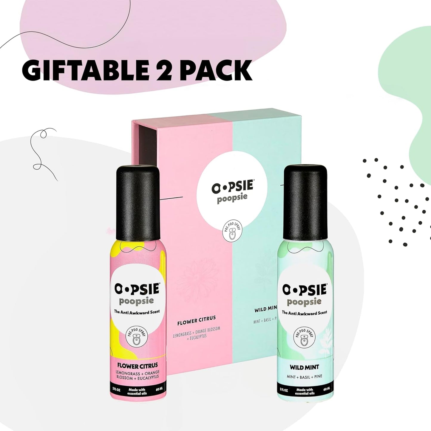 Oopsie Poopsie 2 Pack - Flower Citrus and Wild Mint - Before & After You Go Toilet Spray 2oz Each - Gift Set - Portable Odor Eliminator