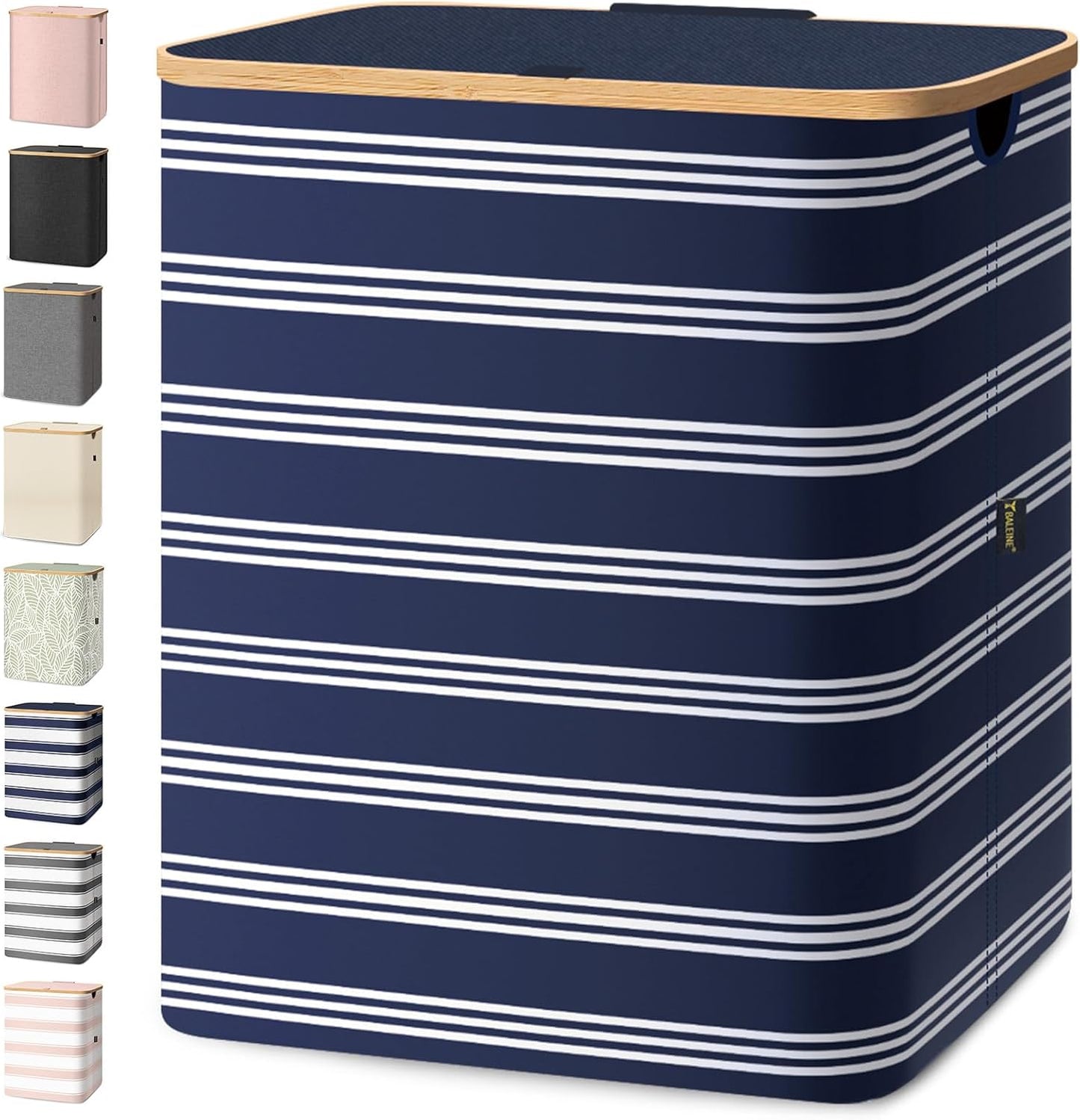 BALEINE Laundry Hamper with Lid, Tall Laundry Baskets with Bamboo Pull Handles, Large Laundry Bin with Internal Support (36 Gal/140L, Blue Pinstripe)