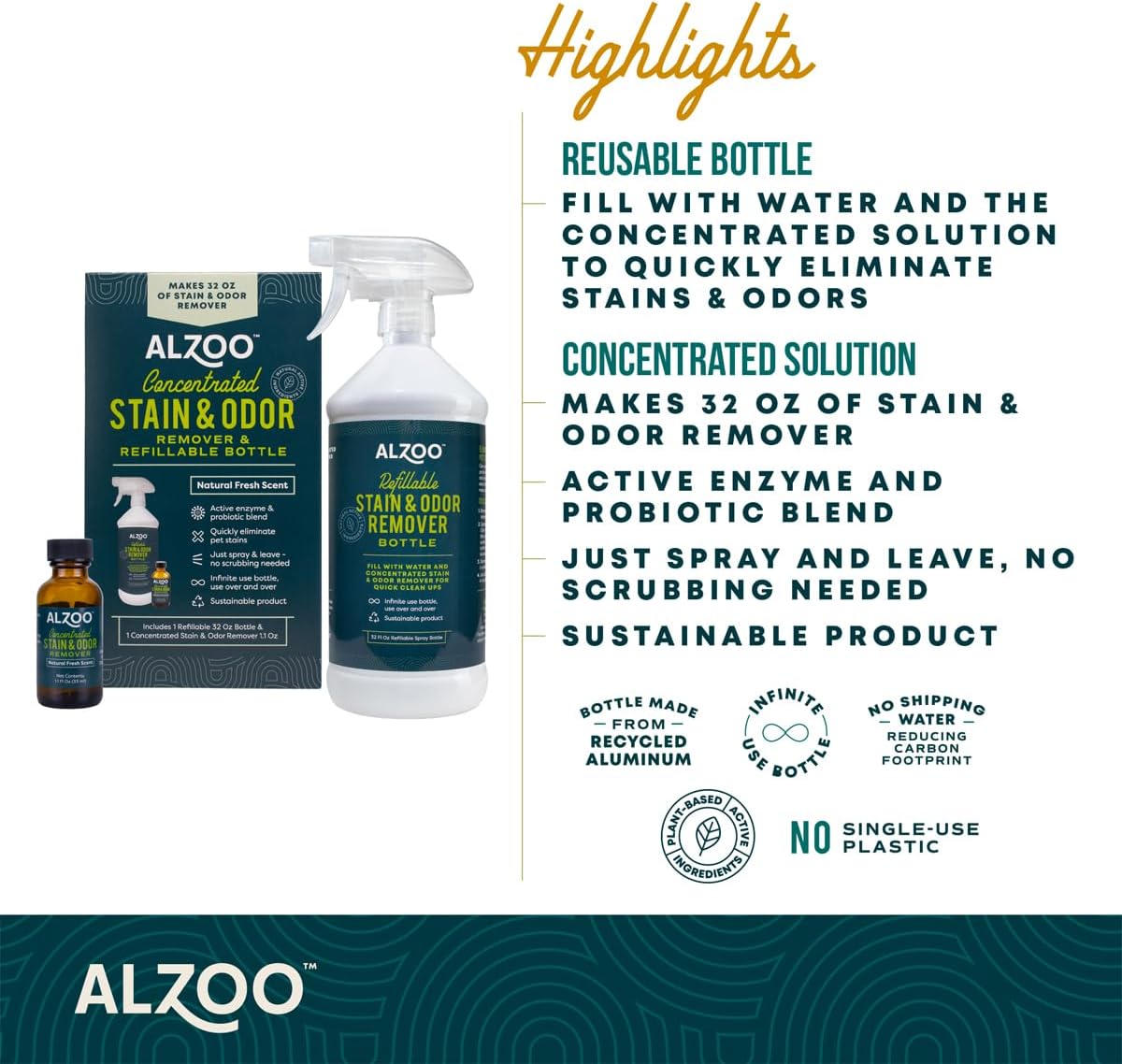 ALZOO Concentrated Stain & Odor Remover Bundle Bottle Set, Includes 32 Fl. Oz Refillable Bottle & 1.1 Oz. Concentrated Stain & Odor Remover, 100% Plant-Based Active Ingredients
