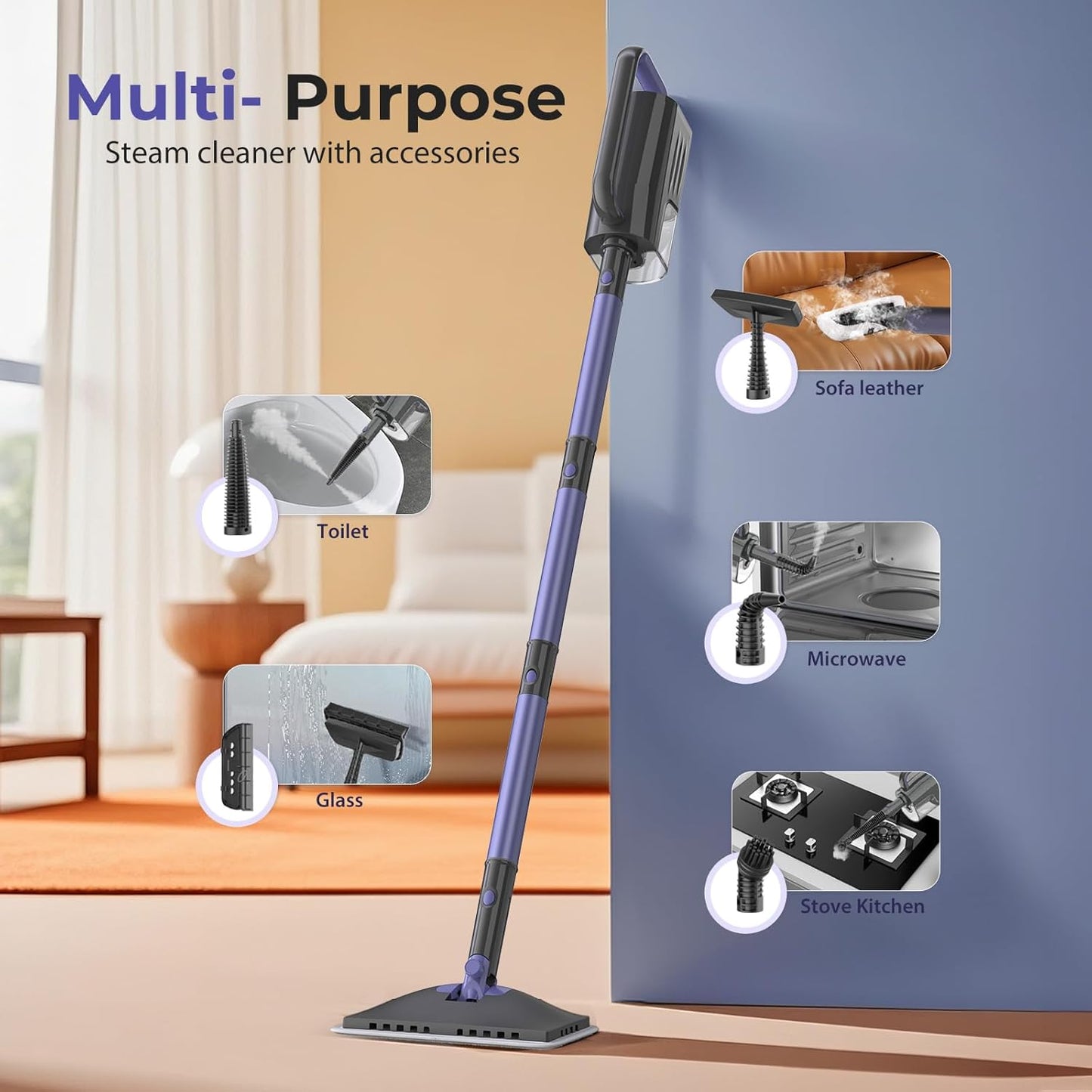 Steam Mop, Steam Cleaner with Large-Capacity Water Tank, 2 Washable Pads, 23FT Power Cable floor steamer, Detachable Steam Mops for Floor Cleaning (Purple)