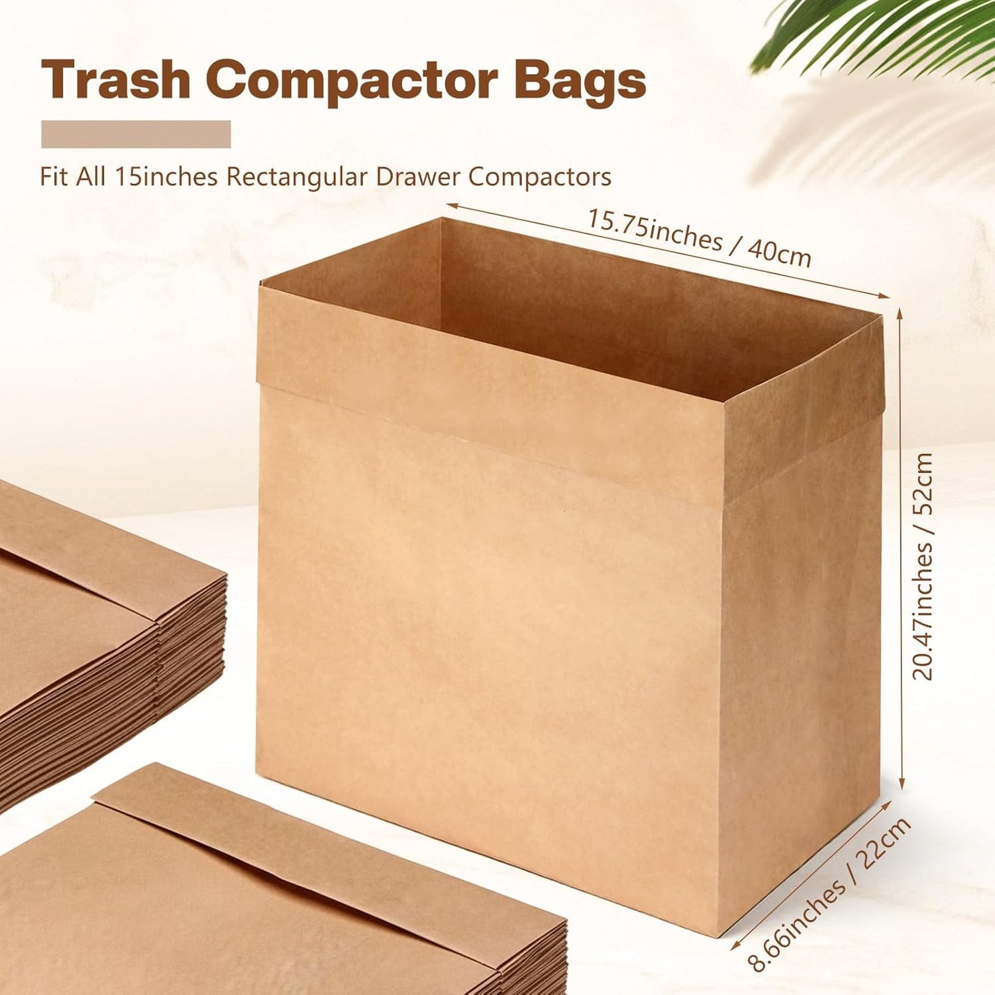 30 Pcs Trash Compactor Bags for Kitchen Pre-Cuffed Heavy Duty Kraft Paper Compactor Bags with Waterproof Liner Reinforced Bottom for Kitchen Use, 20.47 x 15.75 x 8.66"