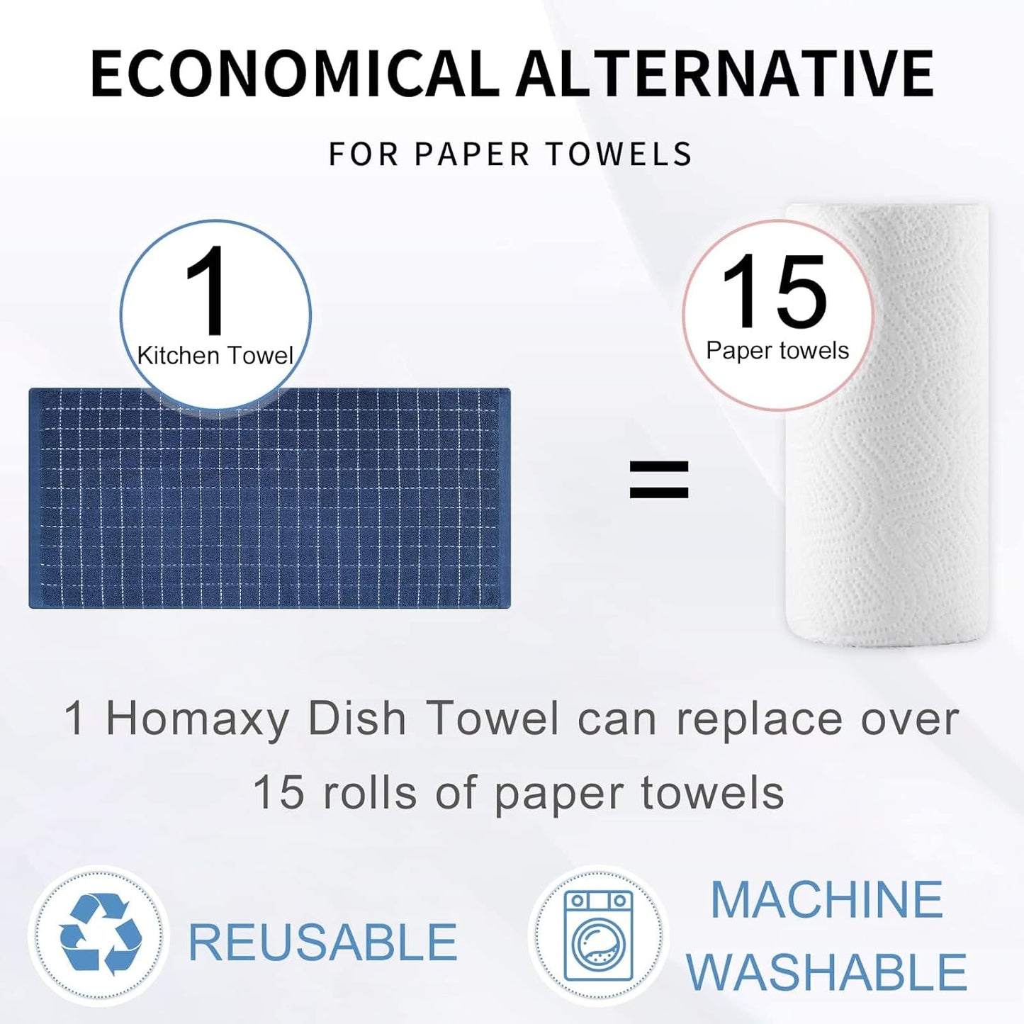 Homaxy 100% Cotton Terry Kitchen Towels(Navy Blue, 13 x 28 inches), Checkered Designed, Soft and Super Absorbent Dish Towels, 12 Pack