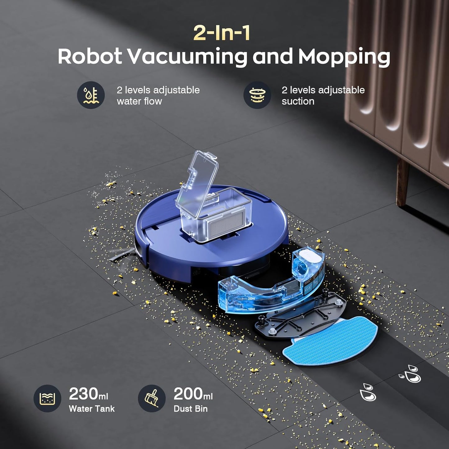 Robot Vacuum and Mop Combo with APP/Voice/Remote Control, 2 in 1 Vacuuming & Mopping Robot, Schedule, Strong Suction, Tangle-Free, Slim & Quiet, for Homes with Pets, Low Pile Carpet & Hard Floors