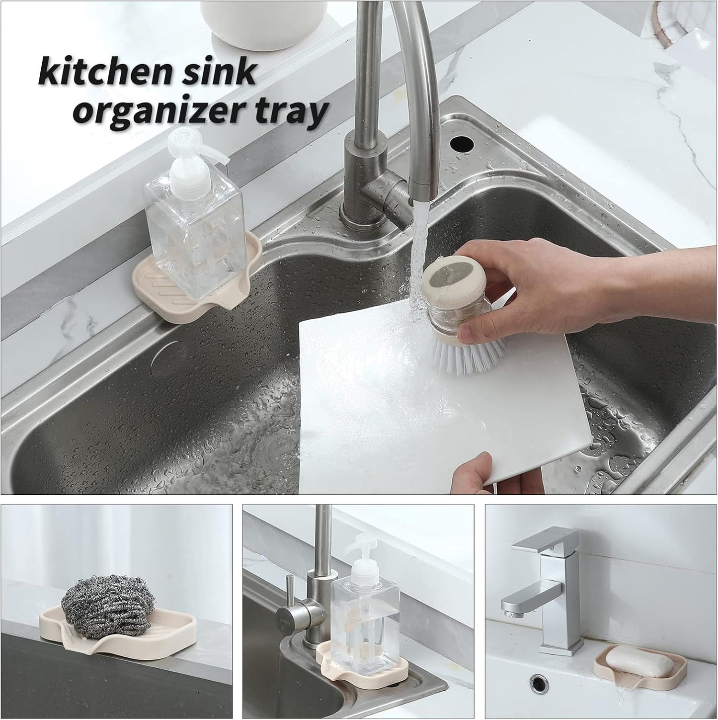 Silicone Bathroom Soap Dishes with Drain Spout-Bathroom and Kitchen Sink Organizer,Sponge Holder,Dish Soap Tray,Perfect for Dispenser,Scrubber,Bottle,Cup on Sink or Counter-Tapioca 4.9"×3.2"