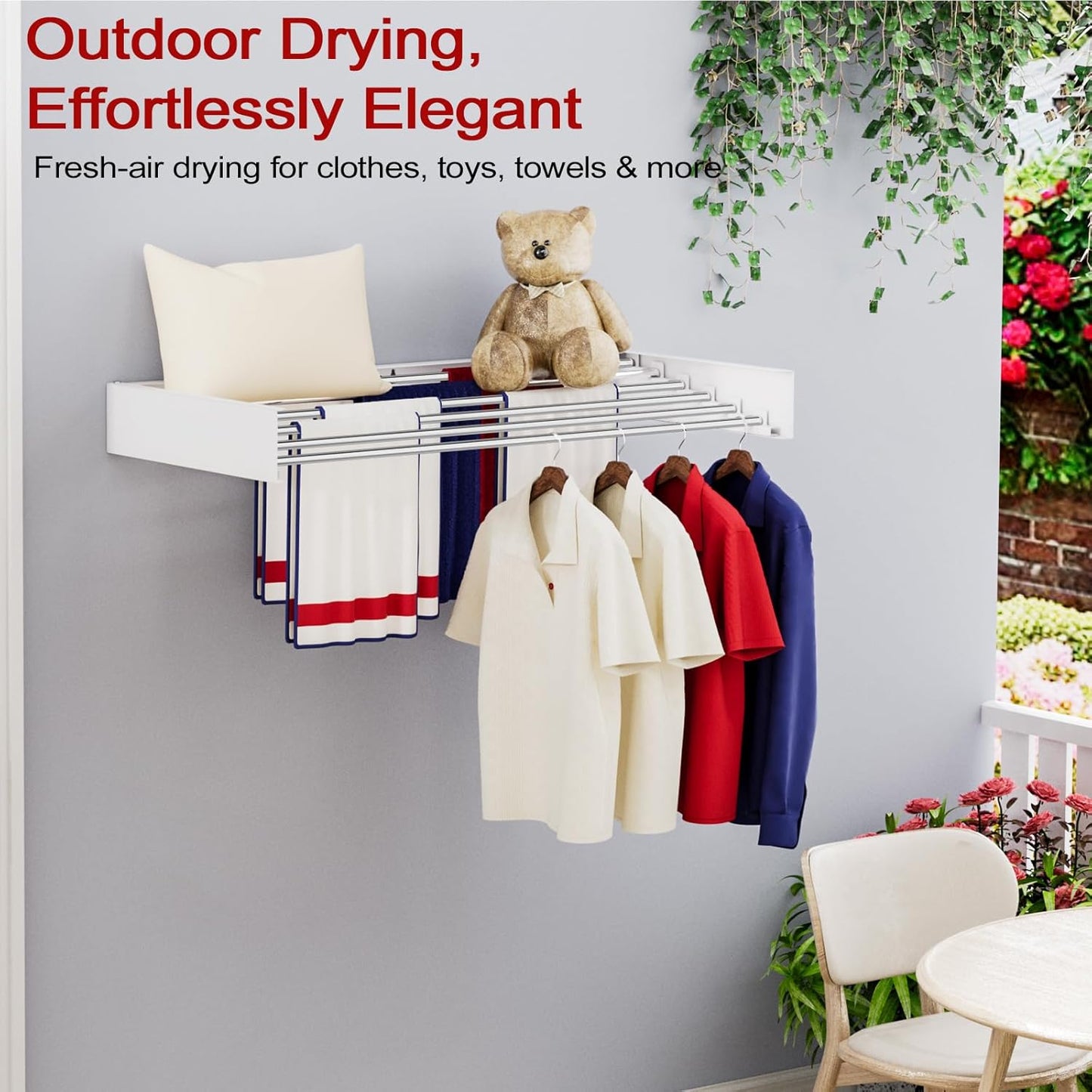 Wall Mounted Drying Rack 40", Foldable Laundry Drying Rack with Stainless Steel Rods, Retractable Laundry Space Saver for Indoor & Outdoor Use, Include Wall Template