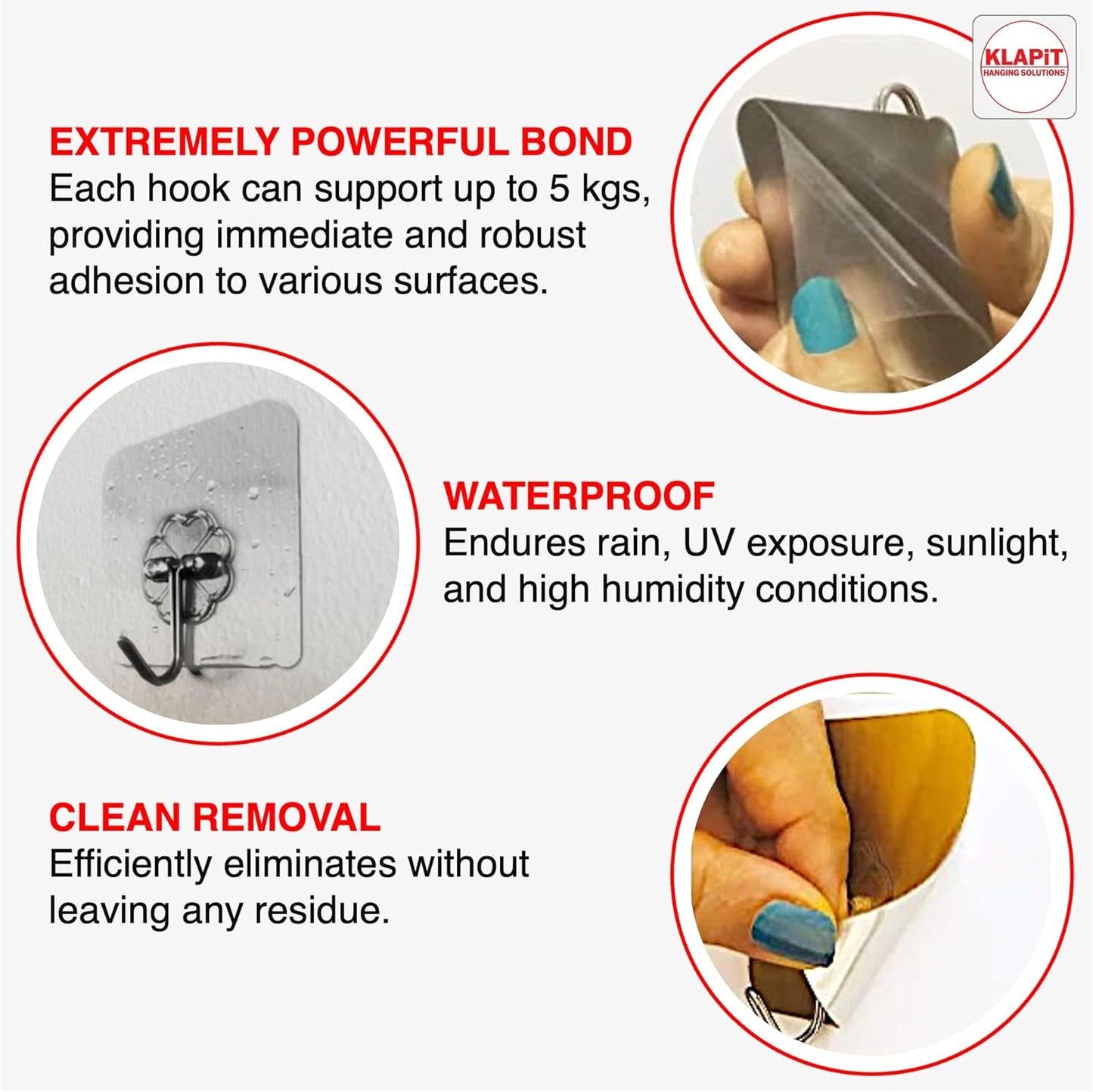 KLAPiT Super Hook - Heavy-Duty Adhesive Wall Hooks, Holds Up to 11 lbs, Waterproof, No Damage, Easy Install on Tile, Wood, Stone, Glass & Metal - Made of Steel (Silver, 4pc)