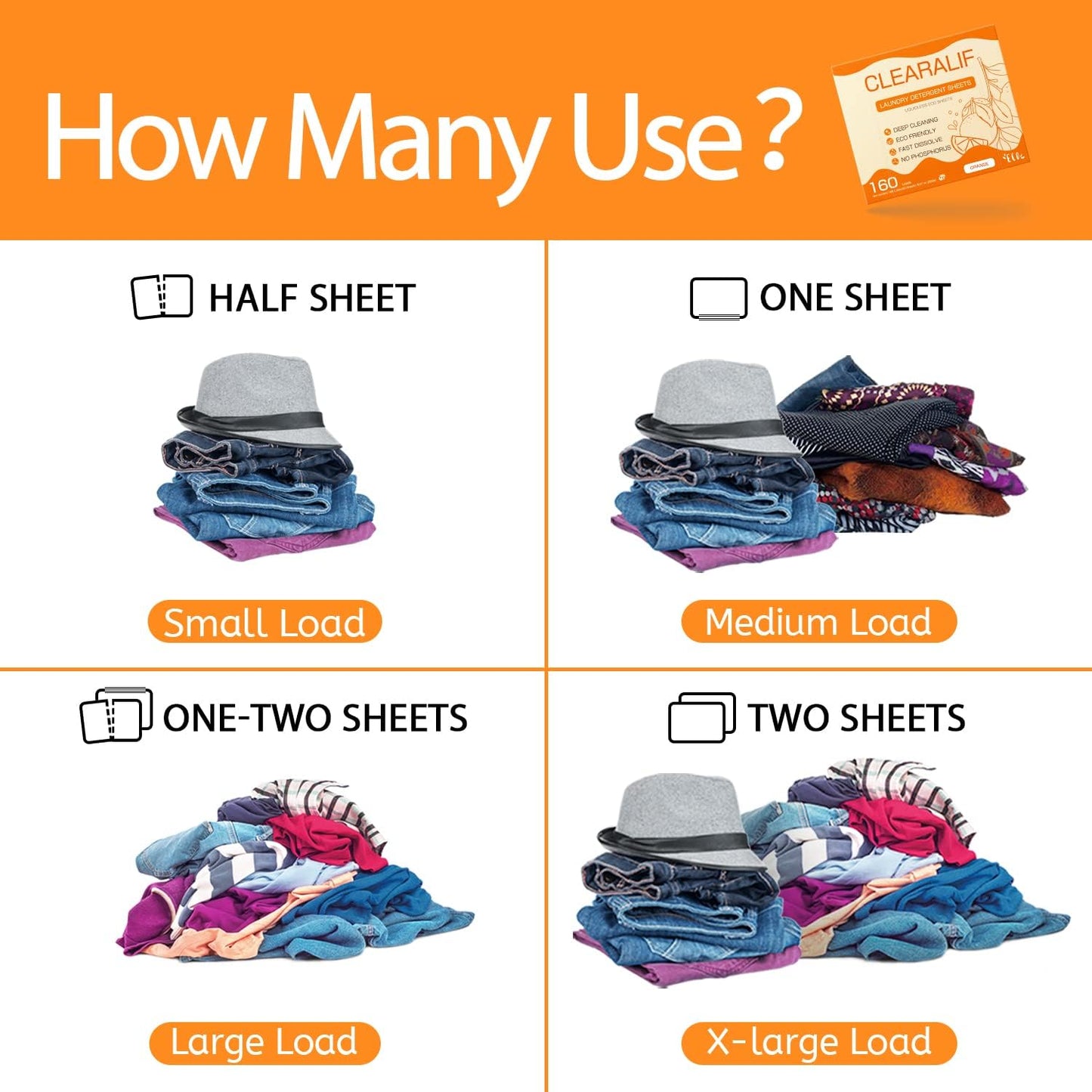 CLEARALIF Laundry Detergent Sheets (320 Loads), Orange,Great For Travel,Apartments, Dorms,CLEARALIF Laundry Detergent Strips Eco Friendly & Hypoallergenic (80 Count, Pack of 2)