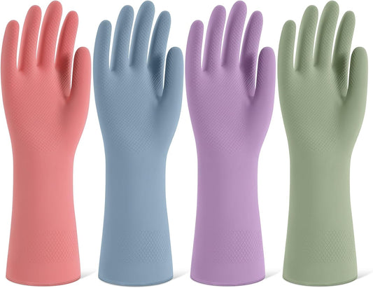 Rubber Cleaning Gloves for Dishwashing, 4 Pairs Reusable Kitchen Gloves for Washing Dishes and Household Cleaning, Colorful Dish Gloves with Flocked Lining and Non-Slip Grip, Pefect for Woman Men - M