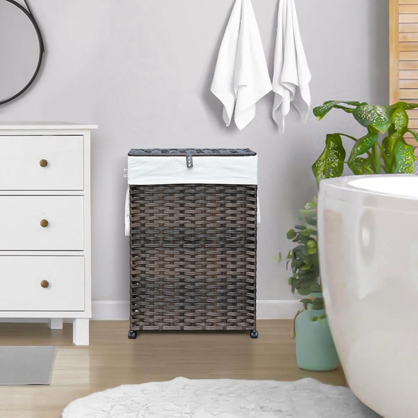 70L Slim Laundry Hamper with Lid & Wheels, Rolling Laundry Basket with 2 Removable Liner Bags & 3 Mesh Bags, Narrow Dirty Clothes Basket, Foldable Handwoven Rattan Laundry Sorter, Brown