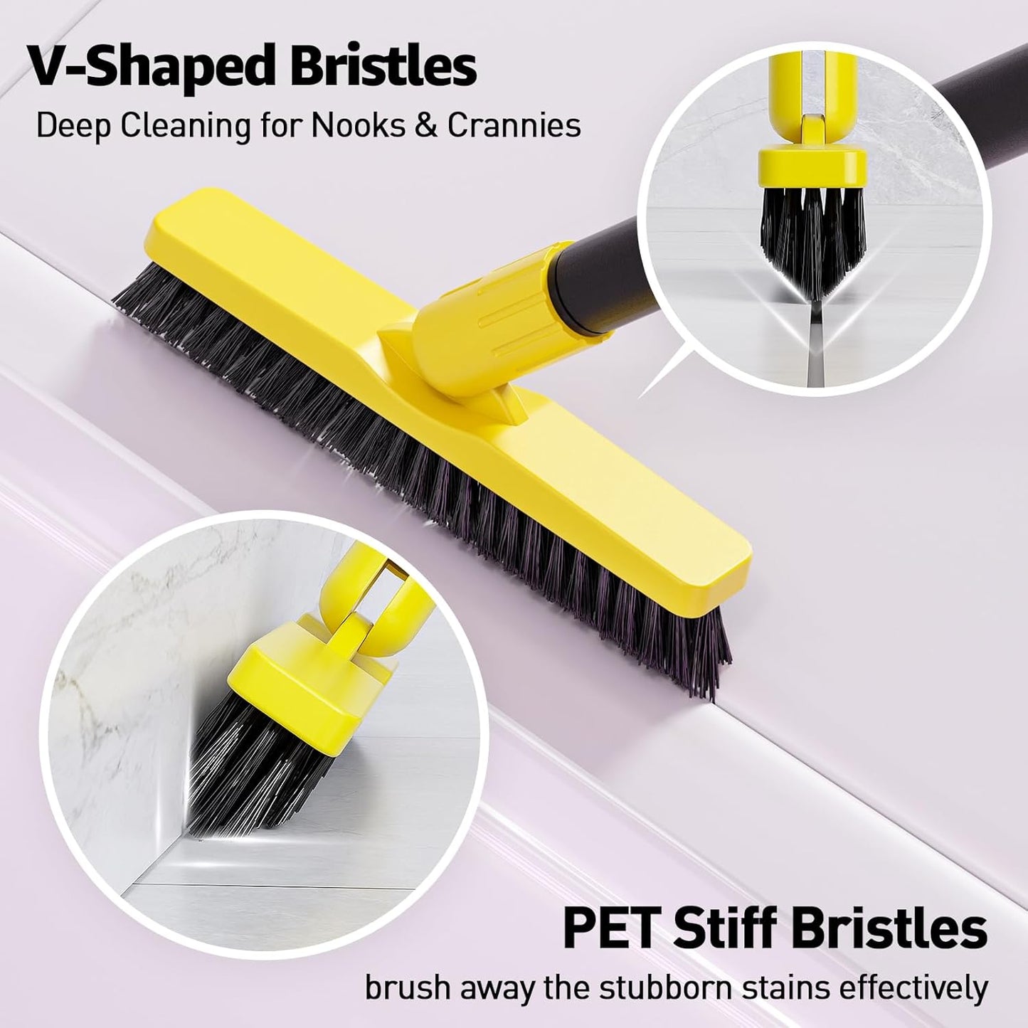 Grout Brush with Long Adjustable Handle - Telescopic, Rotation Tile Grout Cleaning Tool, V-Shape Shower Scrubber Cleaner Stiff Bristle for Cleaning Bathrooms Tile Floors, Baseboards and Corners - 59in