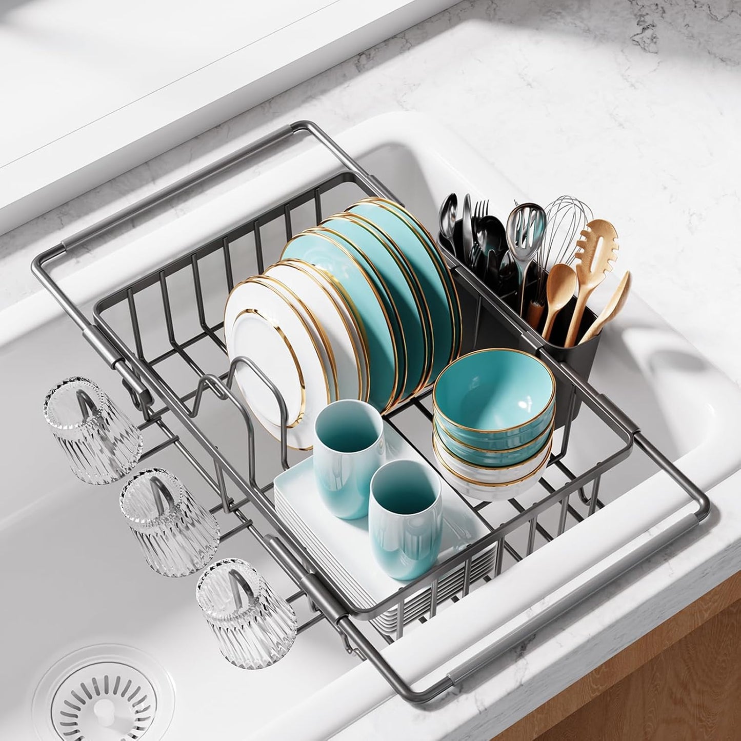 Dish Drying Rack in Sink - Expandable Stainless Steel Dish Rack Over The Sink, Kitchen Sink Drain Strainer with Cutlery Holder & Cup Holders, 15.4 x 9.8 x 3.0 Inch, Grey