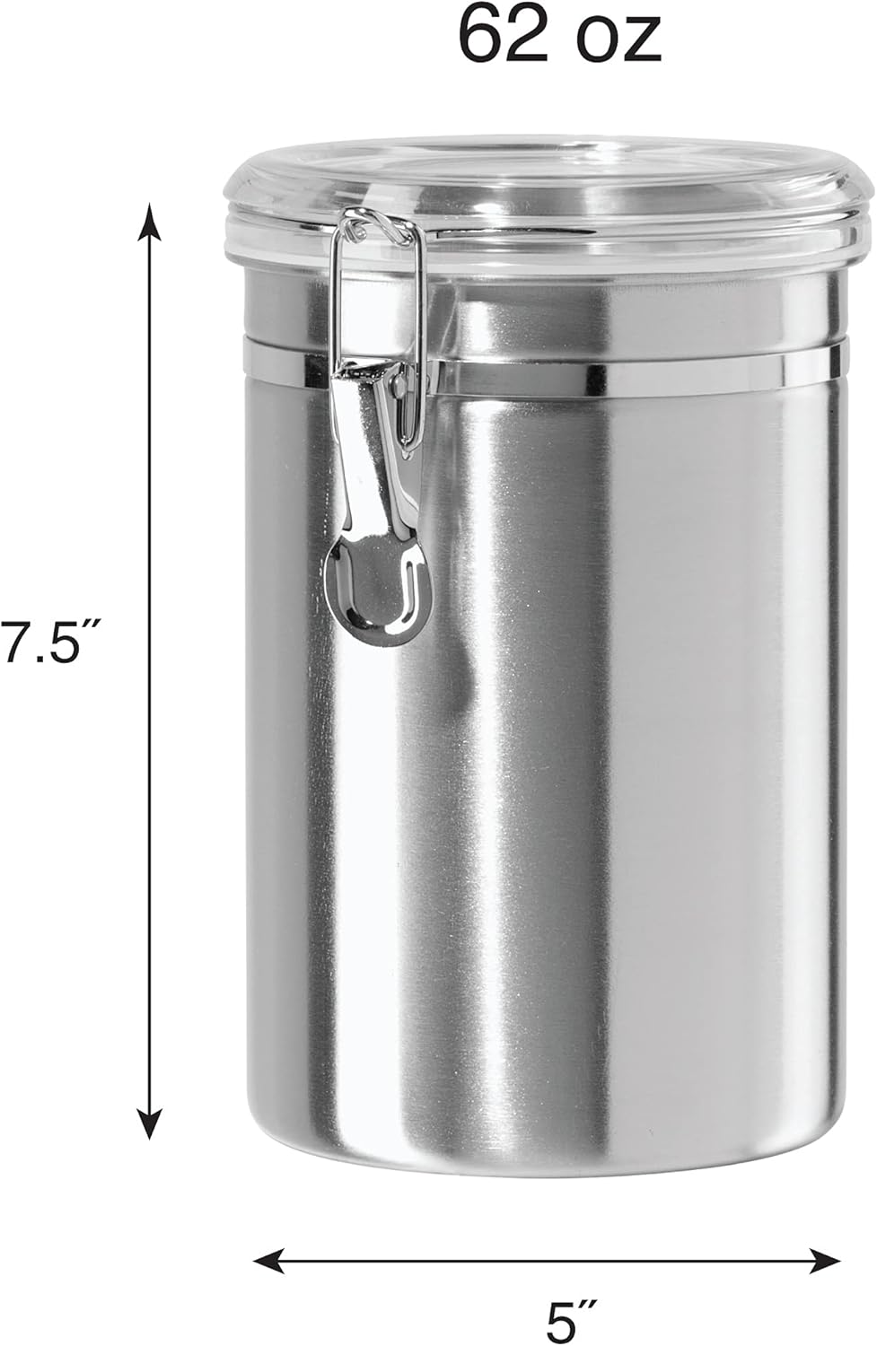 Oggi Stainless Steel Kitchen Canister 62 fl oz - Airtight Clamp Lid, Clear See-Thru Top - Ideal for Kitchen Storage, Food Storage, Pantry Storage. Large Size 5" x 7.5".