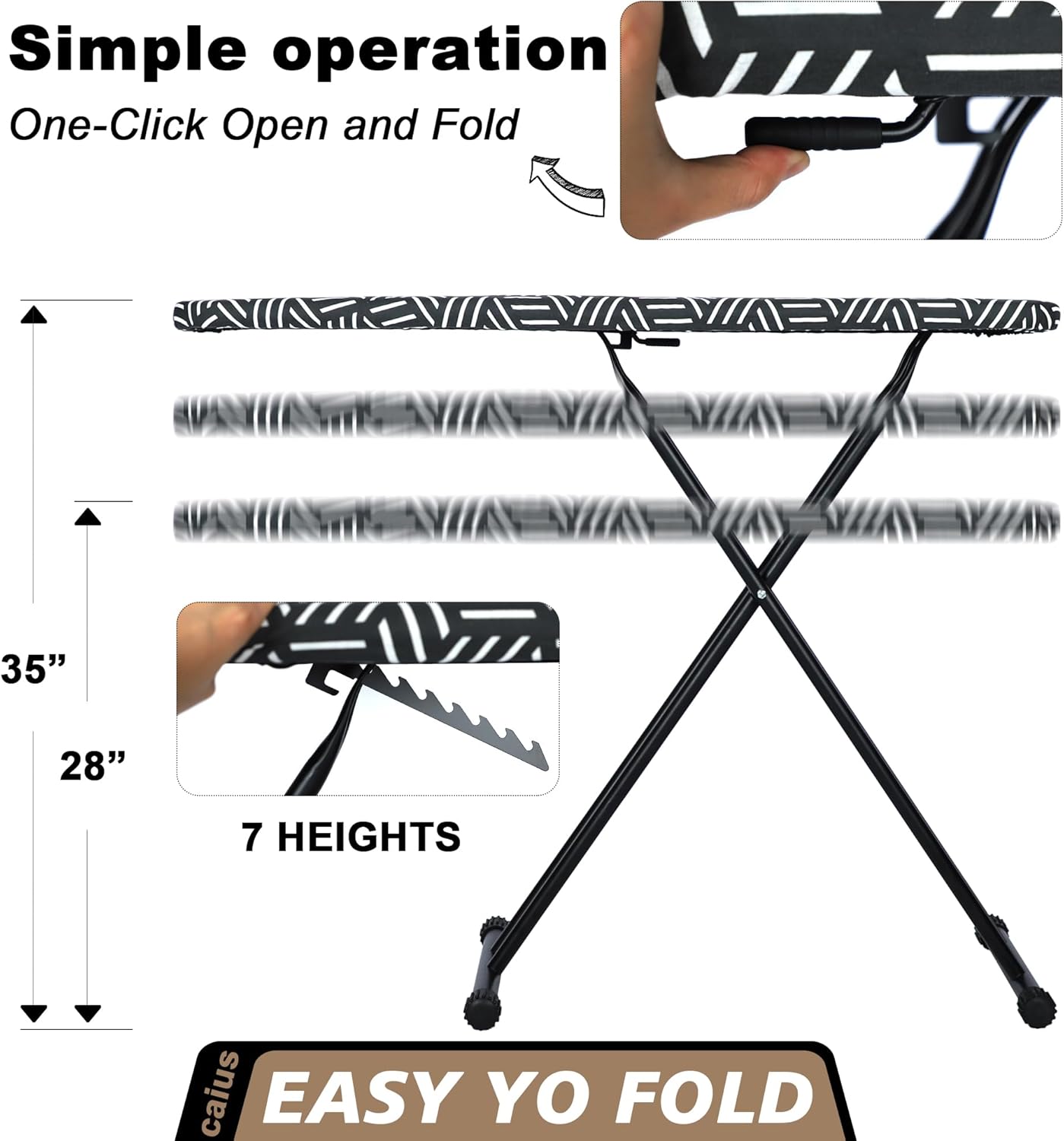 caius Ironing Board, Compact and Space Saver Full Size Ironing Board, Extra Wide Ironing Area with Extra Thick Heavy Duty Padded Cover, Stable Structure, Easy to Fold