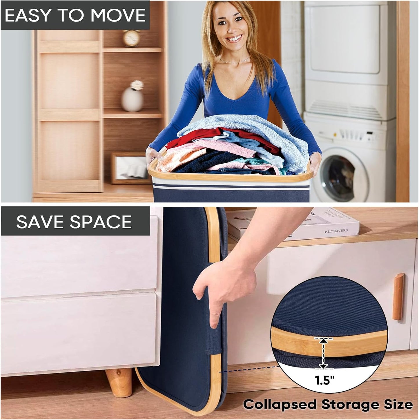 BALEINE Laundry Hamper with Lid, Tall Laundry Baskets with Bamboo Pull Handles, Large Laundry Bin with Internal Support (26 Gal/100L, Blue Stripe)