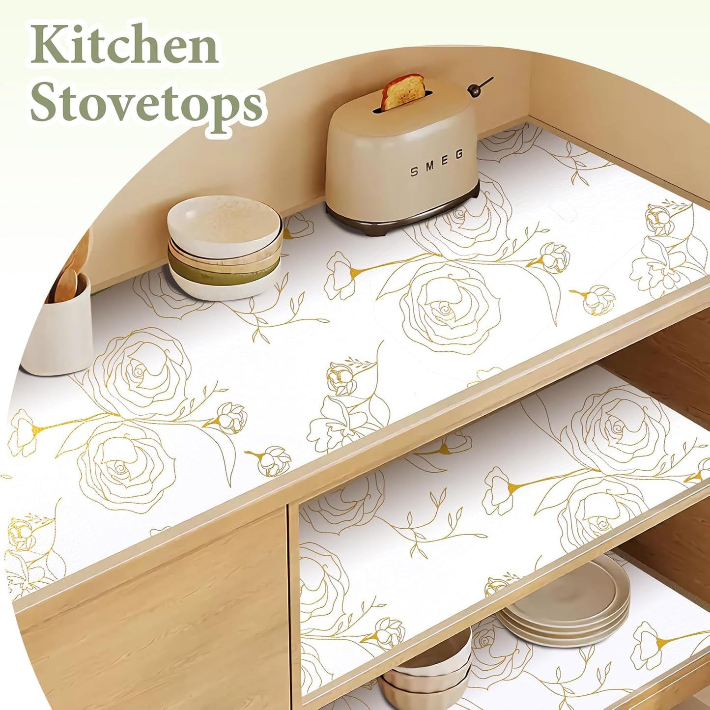 Shelf Liners for Kitchen Cabinets Non Adhesive Drawer Liner 23.6in x 30FT Gold Floral Thickened Shelf Liner Paper Strong Non-Slip Easy to Clean for Tool Box Refrigerator