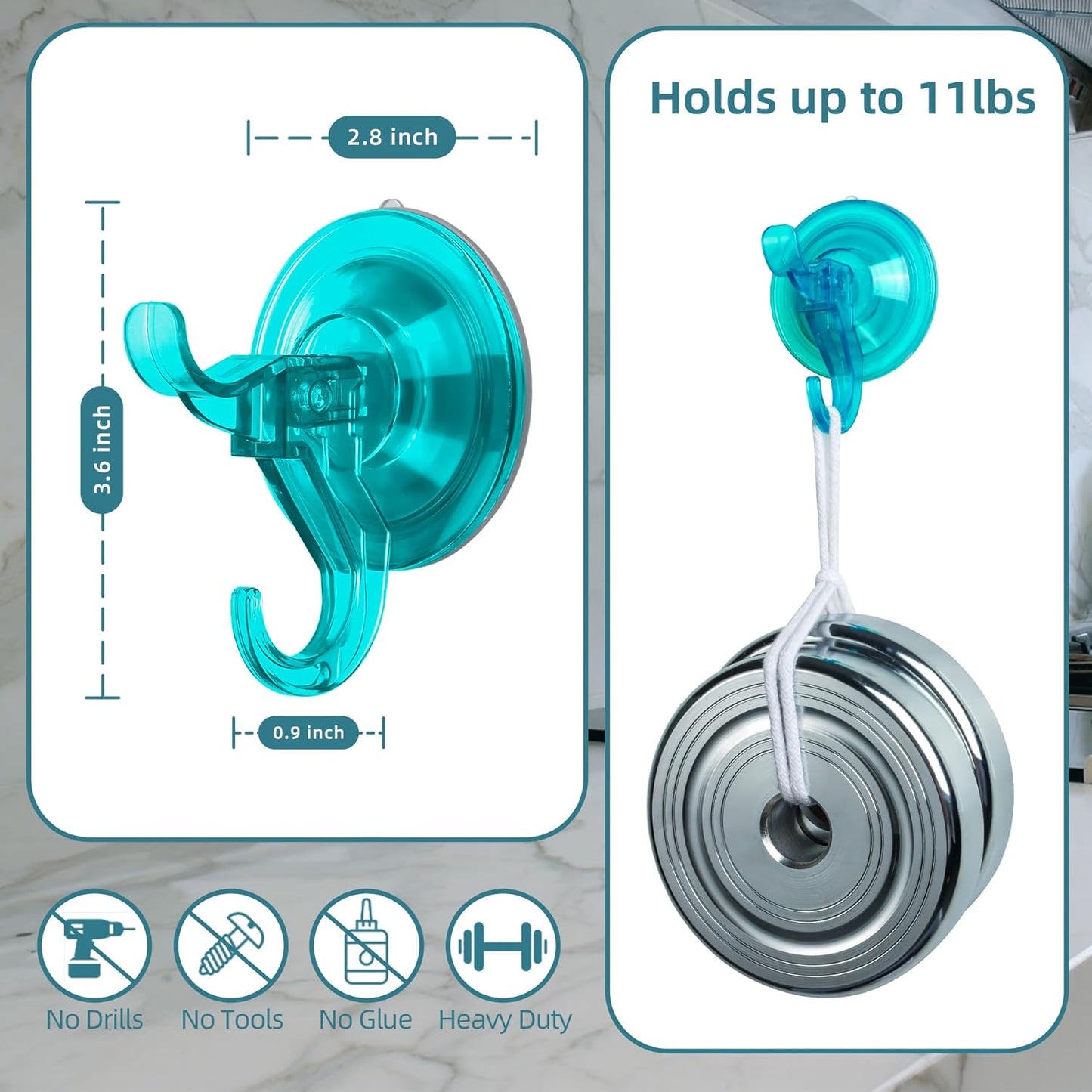 Antimbee Suction Cup Hooks, 5 Pack Shower Wall Suction Cup Hangers, Heavy Duty Vacuum Suction Cups, Reusable Bathroom Suction Hooks for Window, Tile Wall, Glass Door-2 Hooks Design(Transparent Cyan)