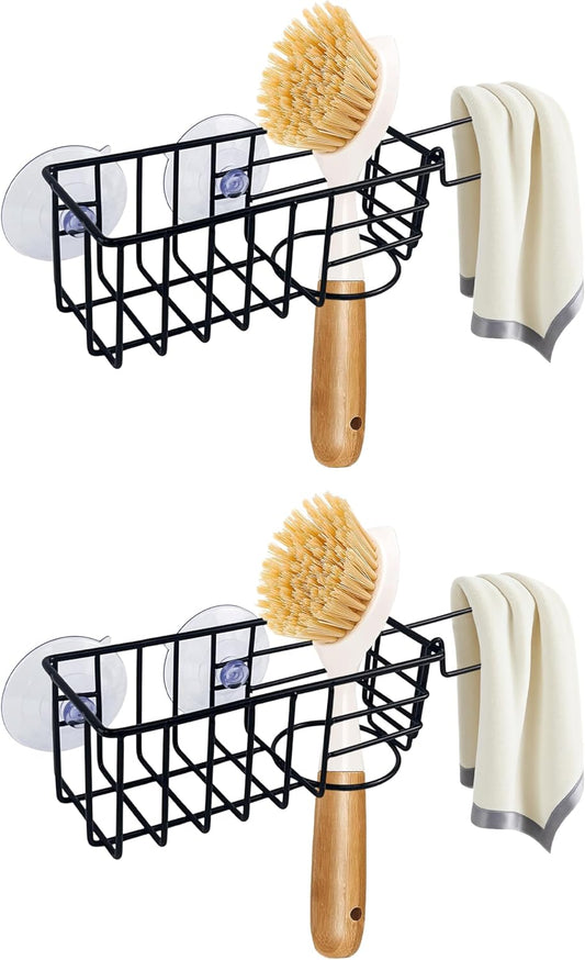Sponge Holder with Dish Cloth Hanger for Kitchen Sink, in-Sink Caddy Organizer with Suction Cups & Adhesive Strips, Rustproof Sponge Rack for Soap, Brush, Scrubber - Black（2 Pack）