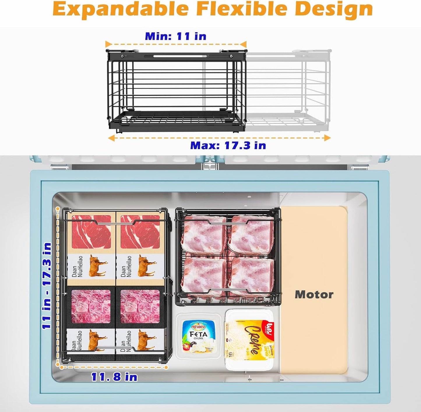 NADAMOO Freezer Organizer Bins, 2 Packs Large Expandable Stackable Chest Freezer Containers with Handle, Metal Adjustable Storage Baskets for Fridge, Deep Freezer, Cabinet, Kitchen, Pantry - Black