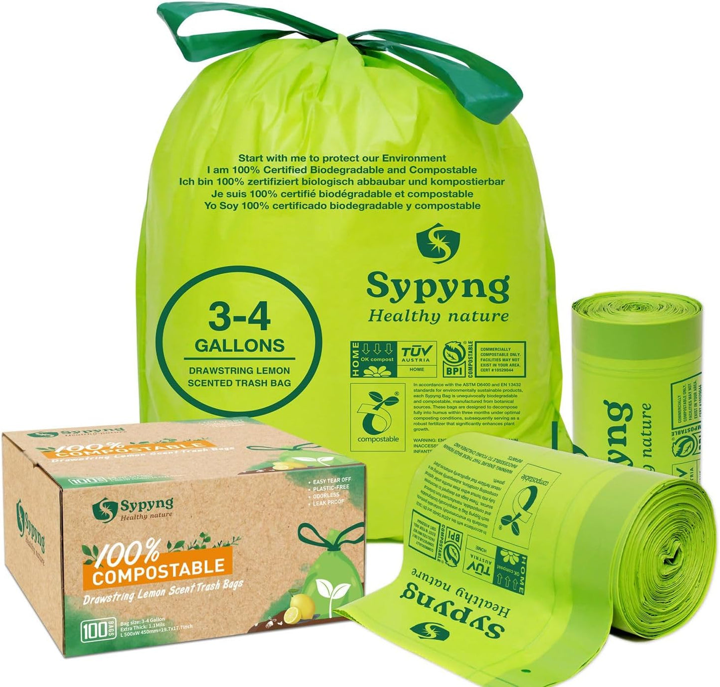 Compostable Kitchen Trash Bags 3-4 Gallon (100-Pack) - Heavy-Duty 1.1 Mil, 100% Biodegradable, ASTM D6400, BPI & OK Compost HOME Certified, Eco-Friendly, Leakproof & Odor Control