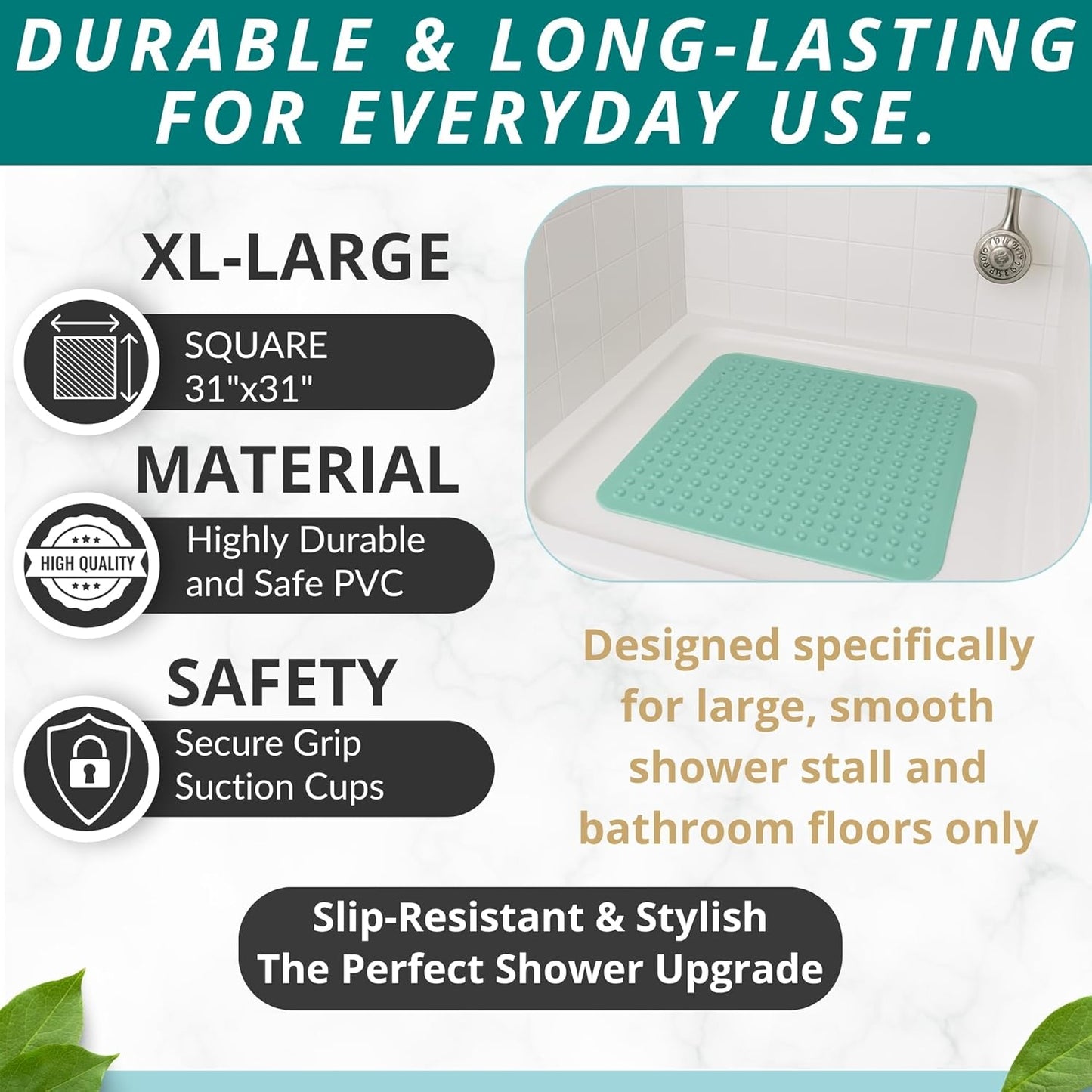 ENKOSI Extra Large Square Non Slip Shower Mat - 31 x 31-inch XL Bathroom Shower Mat - Square Shower Matts for Shower Stall Floors | Secure Suction Cups and Drain Holes (31x31 Aqua Green)