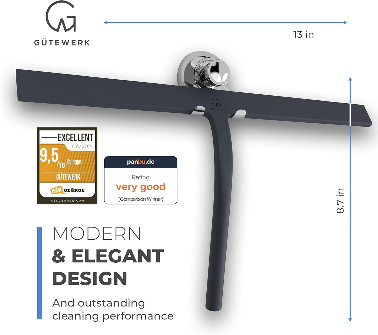 GÜTEWERK Shower Squeegee for Glass Doors, Silicone Window Squeegee, Bathroom and Glass Cleaning - Black - 13 Inch