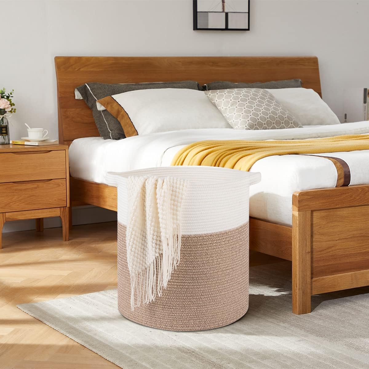 OIAHOMY 80L Laundry Hamper, Storage Basket with Handles, Laundry Basket For Toys, Pillows, Blankets,Clothes-20x18in-Brown&White