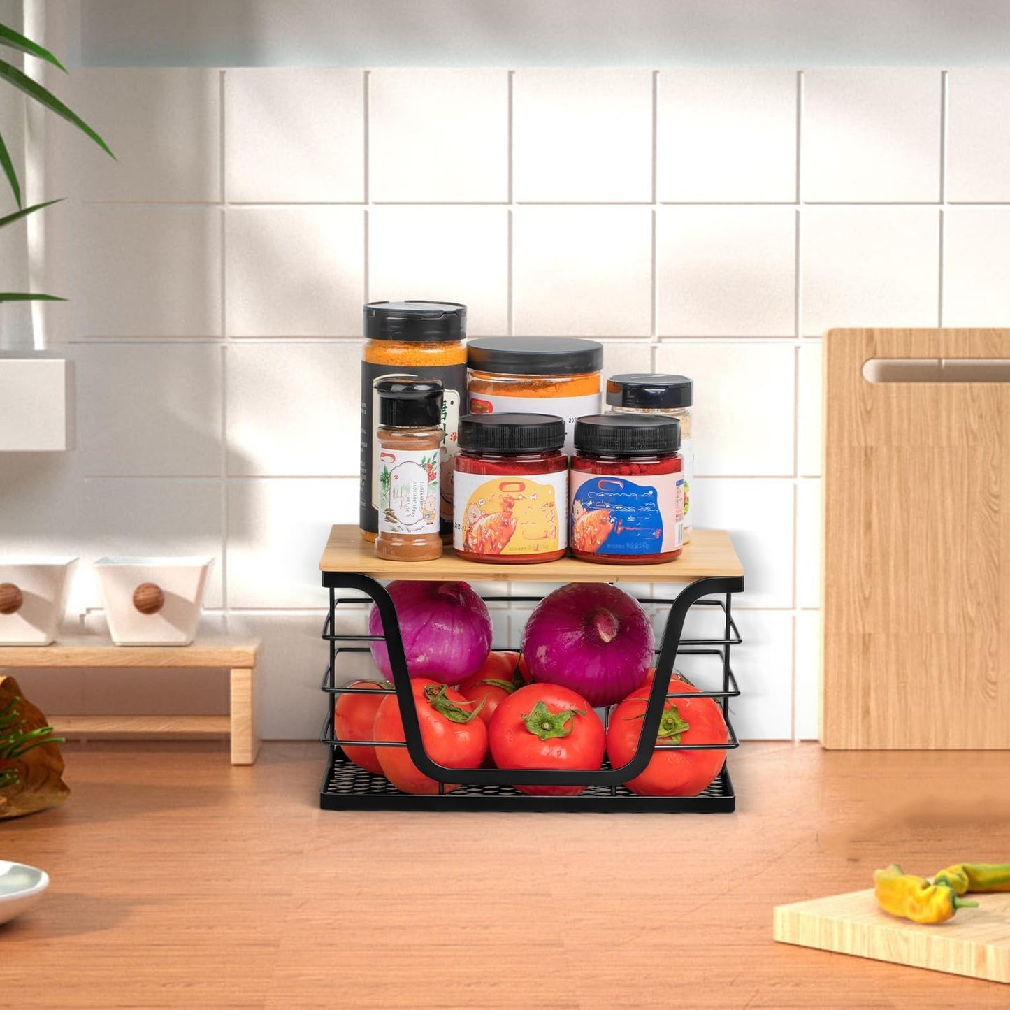 Wetheny Trash Bag Holder with Bamboo Top and Mesh Bottom, Stackable Garbage Bag Holder Dispenser Under Sink, Wall Mounted Storage for Kitchen Laundry Organizers, Black