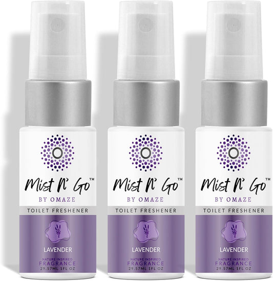 Mist N’ Go by Omaze Travel Bathroom Spray for Toilet Spray Odor Eliminator - Travel Toilet Spray for Bathroom Air Freshener Spray for Bathroom Deodorizer - Lavender Travel Size (1oz x3)