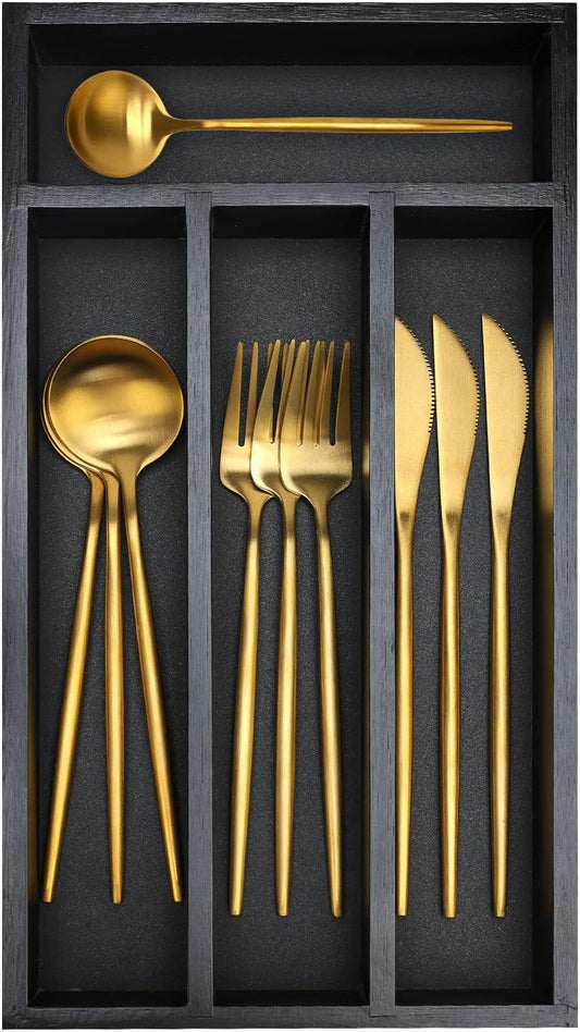 Small Wooden Silverware Organizer Tray Narrow Kitchen Drawer Dividers Utensil Organizers and Storage Black Cutlery Trays Spoon Flatware Organizer for Drawer Bamboo Cutlery Utensil Holder Tray