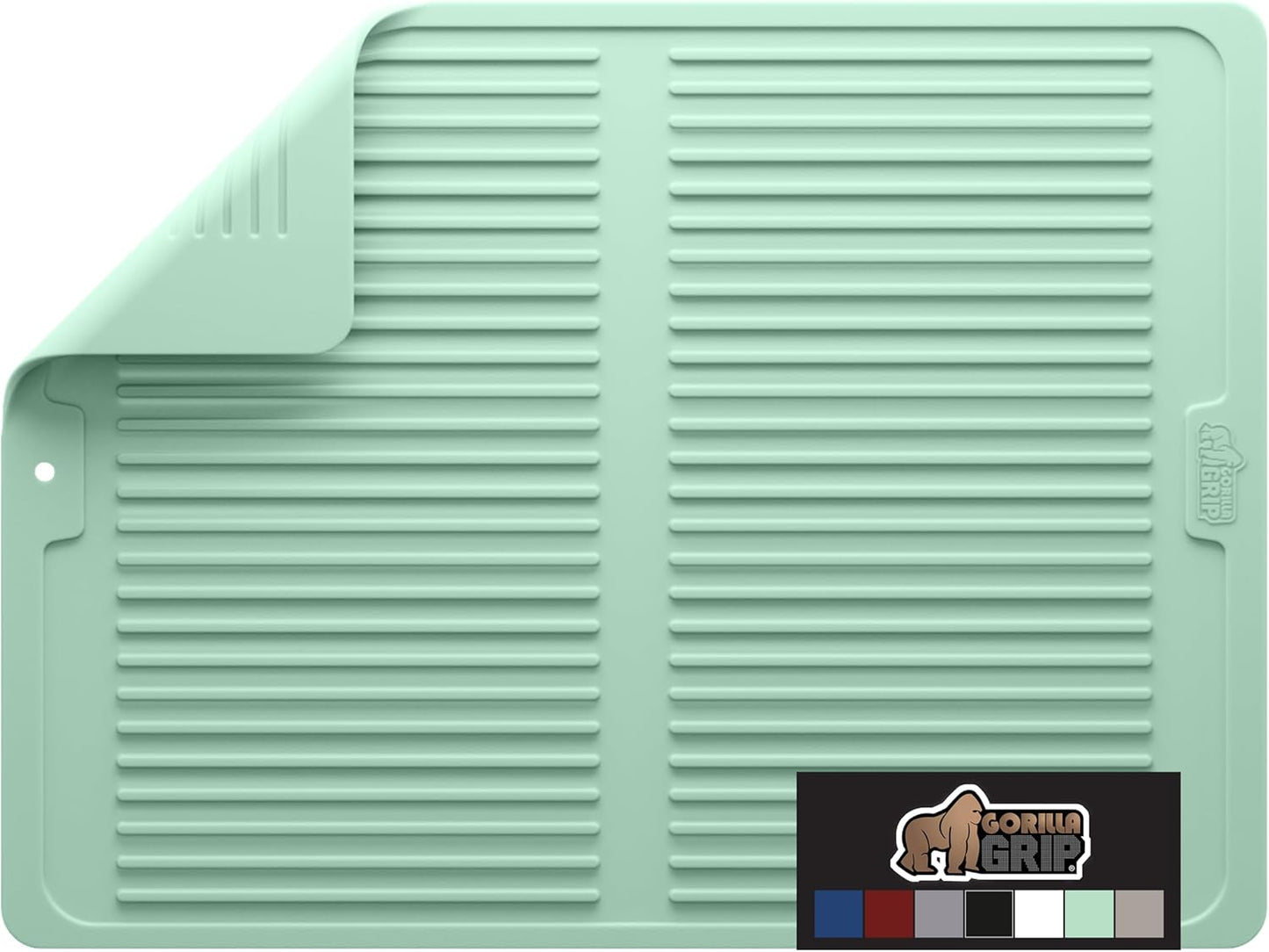 GORILLA GRIP 100% BPA-Free Patented Silicone Dish Drying Mat for Kitchen Counter, Water Catching Ribbed Design, Easy Clean Waterproof Sink Liner, Heat Resistant, Fits Under Rack, 13x11 Inch, Mint