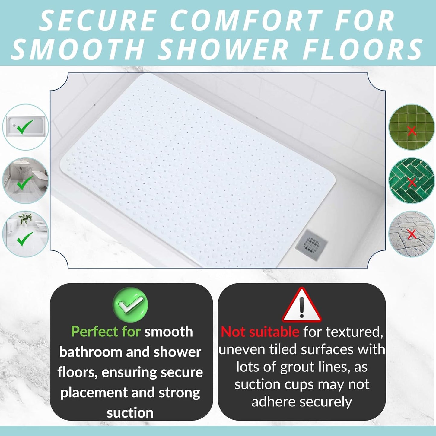 ENKOSI Extra Large Shower Mat Non Slip - 47 x 32 inch - XL Bathroom Shower Mat - Large Shower Matts for Shower Stall Floors - Secure Suction Cups and Drain Holes (47x32 White)