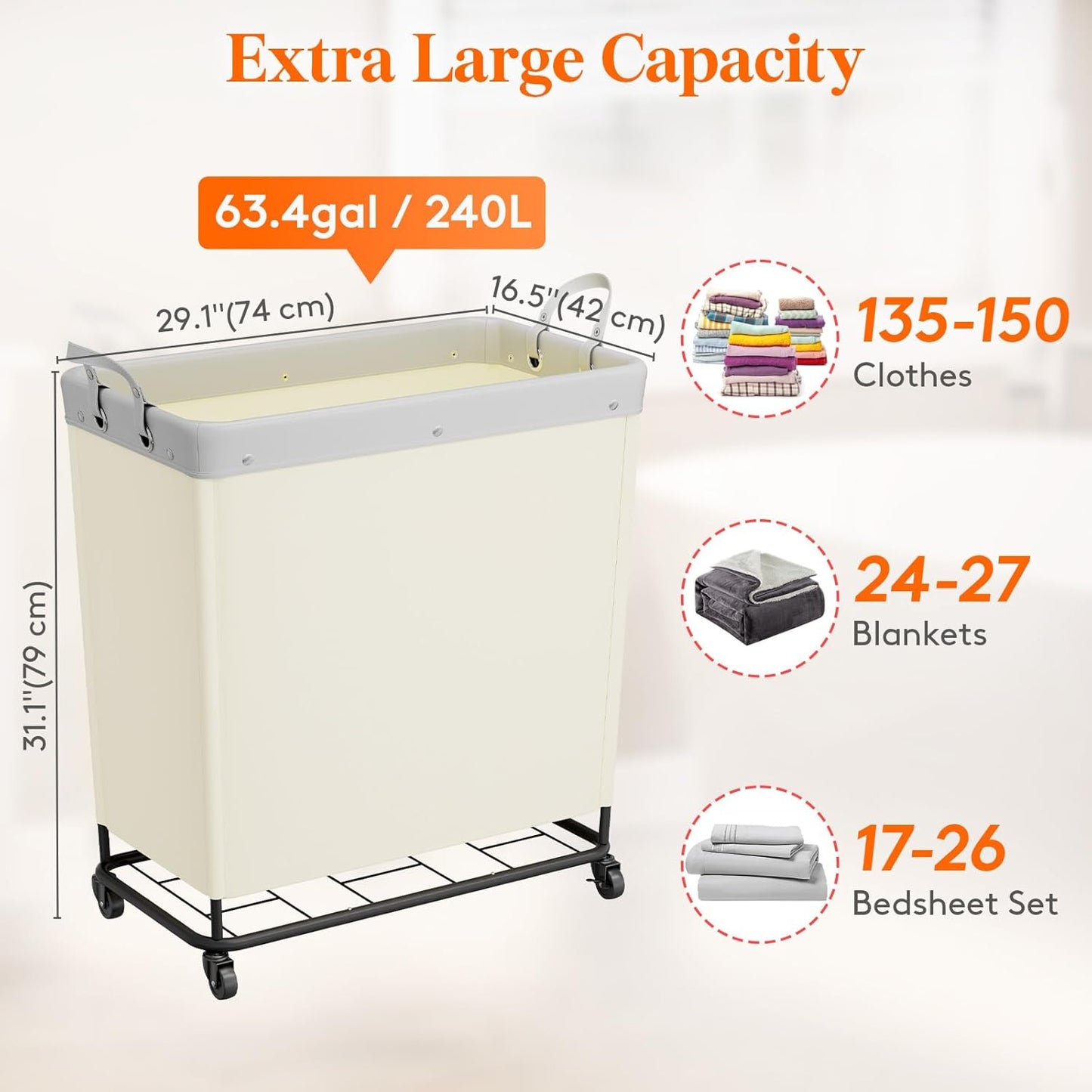 Lifewit 240L Laundry Basket with Wheels, Large Heavy Duty Commercial Rolling Laundry Hamper with Handles, Tall Steel Frame Laundry Cart for Laundry Room Bedroom Hotel Home Dorm, White