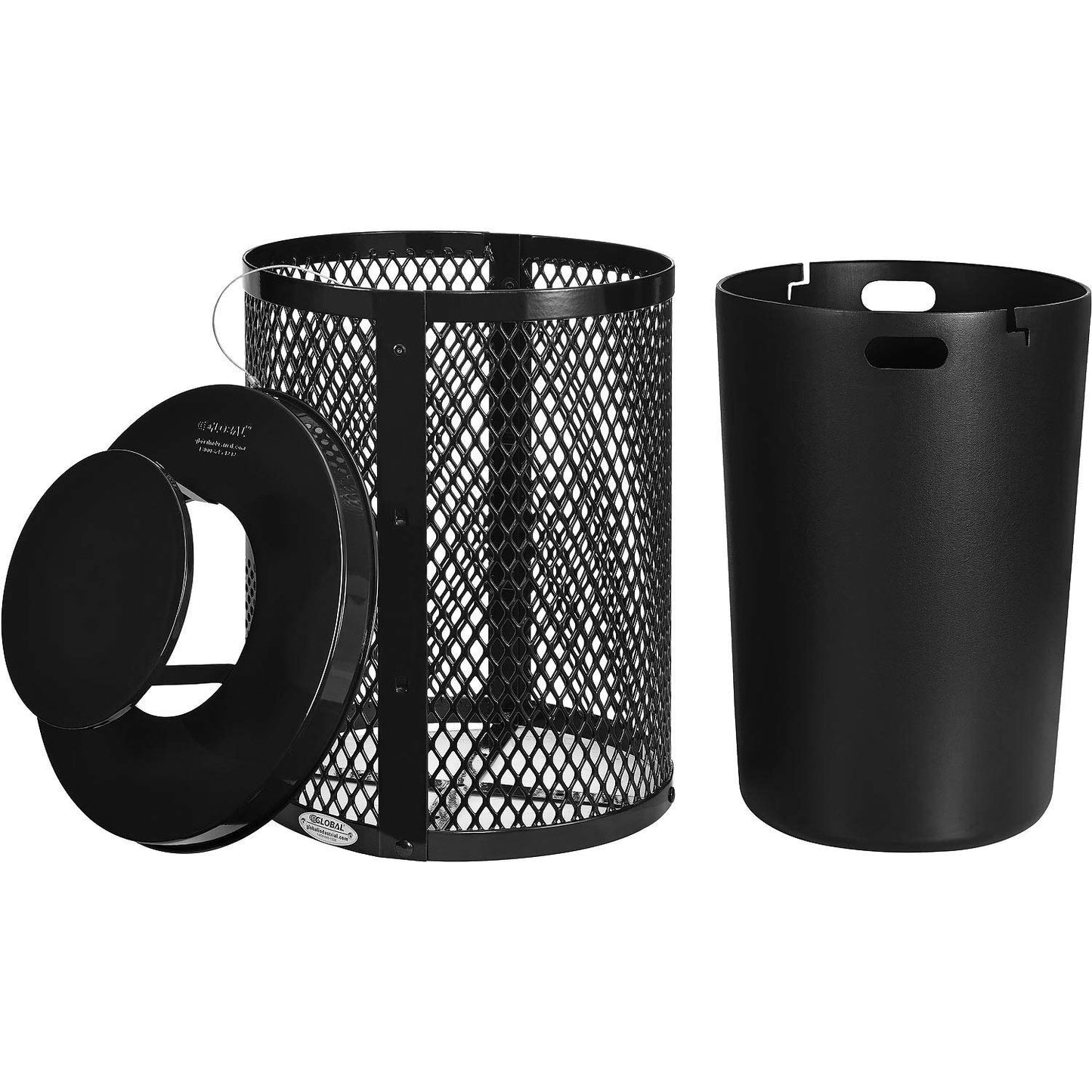 Global Industrial Outdoor Diamond Steel Trash Can with Rain Bonnet Lid and Plastic Liner, 36 Gallon Capacity, Black, Thermoplastic Coating, 23-1/2" Diameter, 40-1/2"H