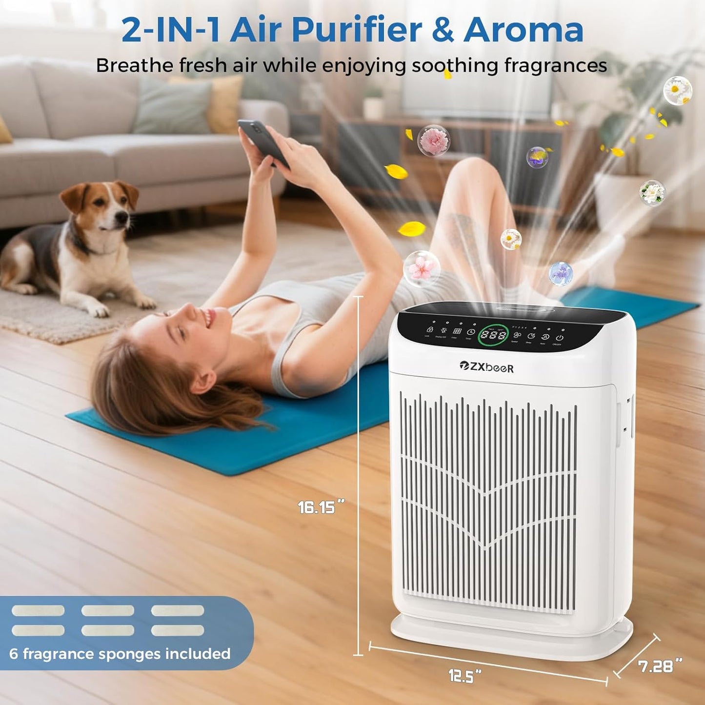 Air Purifiers for Home Large Room up to 3000 Ft², ZXBEER HEPA Double-Sided Air Purifier with Washable Filter, PM2.5 Air Quality Sensor, Aroma, 20dB Sleep Mode, Air Cleaner for Pets Bedroom (White)