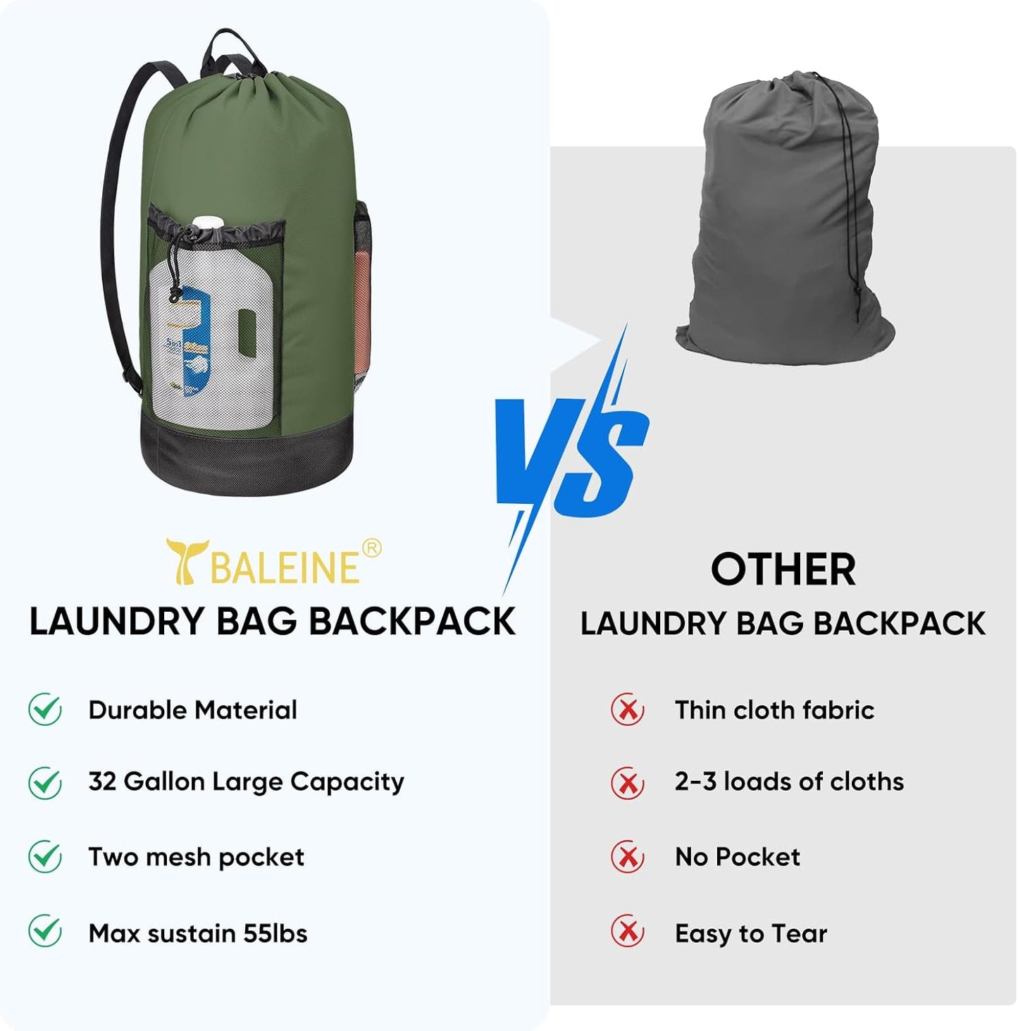 BALEINE 120L Laundry Bag Backpack, 900D Oxford Fabric Large Travel Laundry Bags with Shoulder Straps and 2 Mesh Pockets for College Dorm, Apartment, Laundromat (Green, 120L)