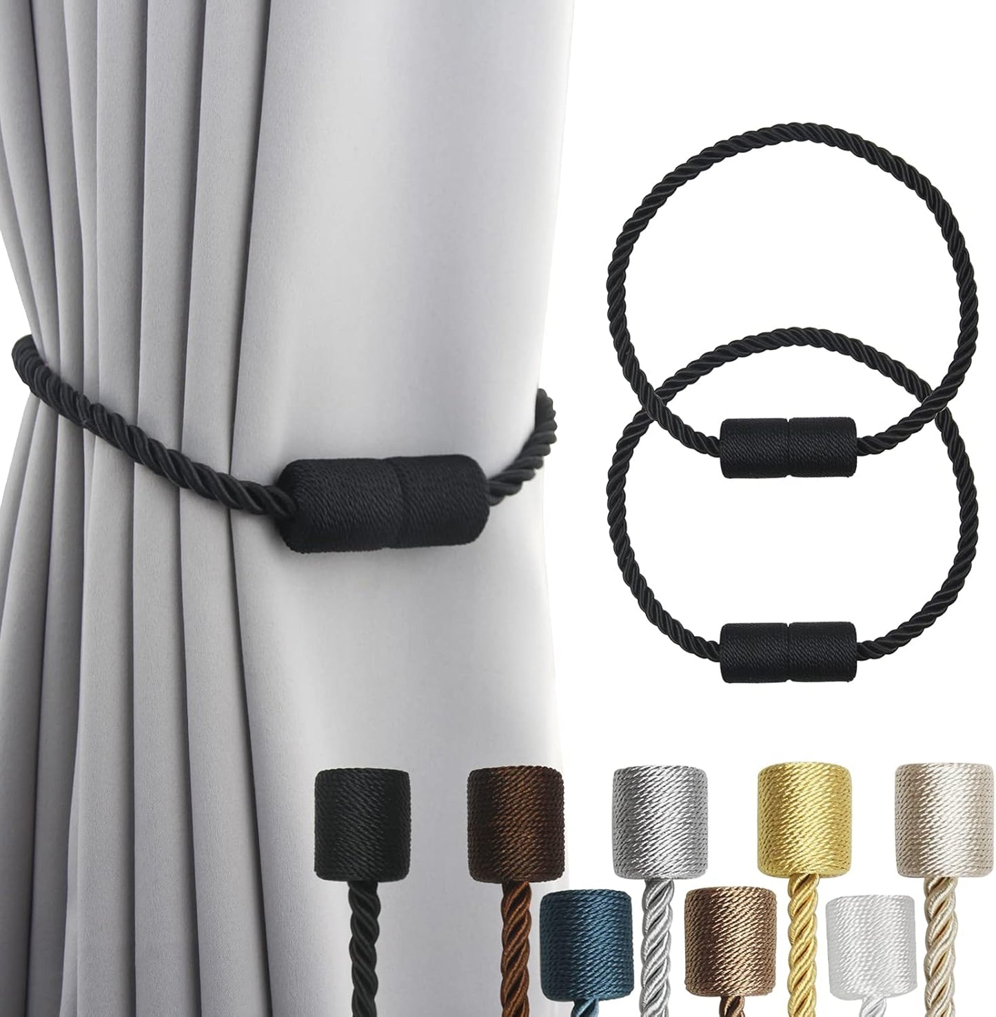 2 Pack Black Strong Magnetic Curtain Tiebacks Outdoor Elegant Decorative Tie Backs Modern Rope Tiebacks for Drapes Window Curtain Holdbacks for Draperies