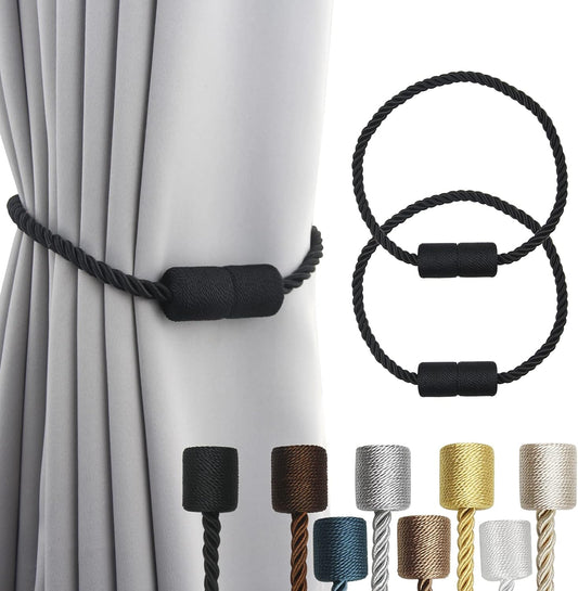 2 Pack Black Strong Magnetic Curtain Tiebacks Outdoor Elegant Decorative Tie Backs Modern Rope Tiebacks for Drapes Window Curtain Holdbacks for Draperies