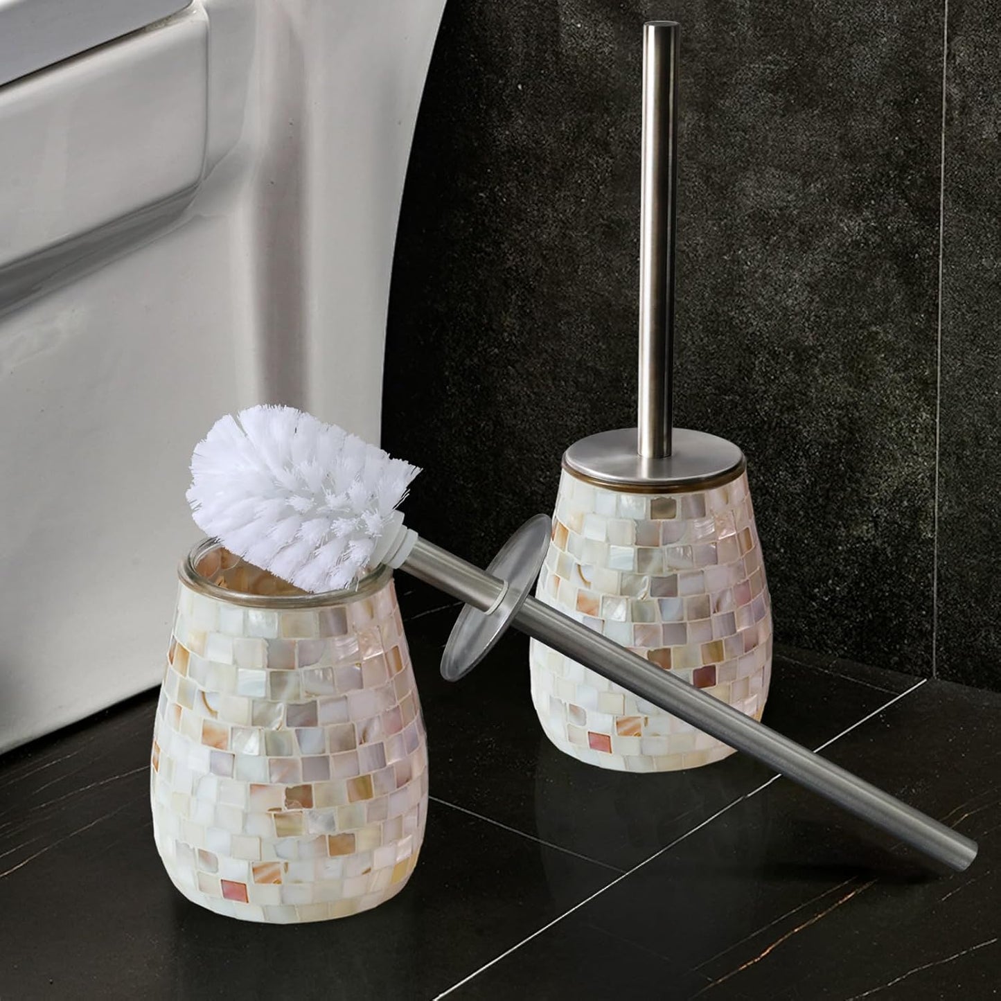 WDHODEC Natural Shell Toilet Brush and Holder Set Mosaic Glass, Stainless Steel Toilet Scrubber Brush, Decorative Toilet Bowl Brush and Holder, Luxury Bathroom Accessories
