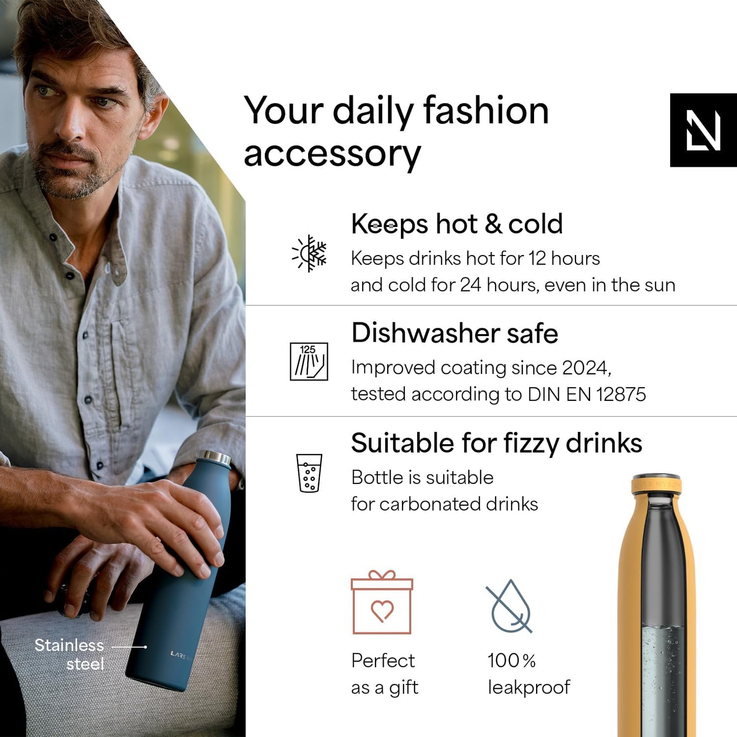 LARS NYSØM Stainless Steel Insulated Water Bottle 12oz 17oz 25oz 34oz 51oz | Insulated Thermo Flask for Hot and Cold Beverages | Leakproof Drinking Bottle (Mustard Yellow, 17oz)