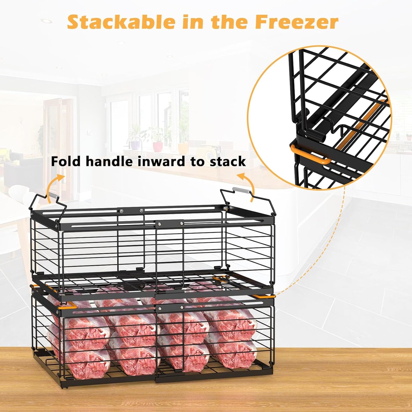 NADAMOO Freezer Organizer Bins, 2 Packs Large Expandable Stackable Chest Freezer Containers with Handle, Metal Adjustable Storage Baskets for Fridge, Deep Freezer, Cabinet, Kitchen, Pantry - Black