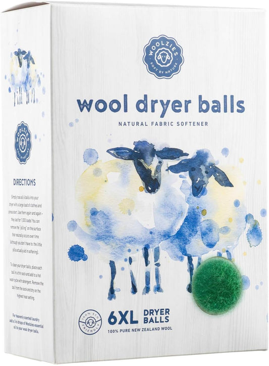 Woolzies Wool Dryer Balls Organic Big Wool Spheres Best Fabric Softener | 6-Pack XL Dryer Balls for Laundry is Made with New Zealand Wool | Use Laundry Balls for Dryer with Essential Oils (Green)