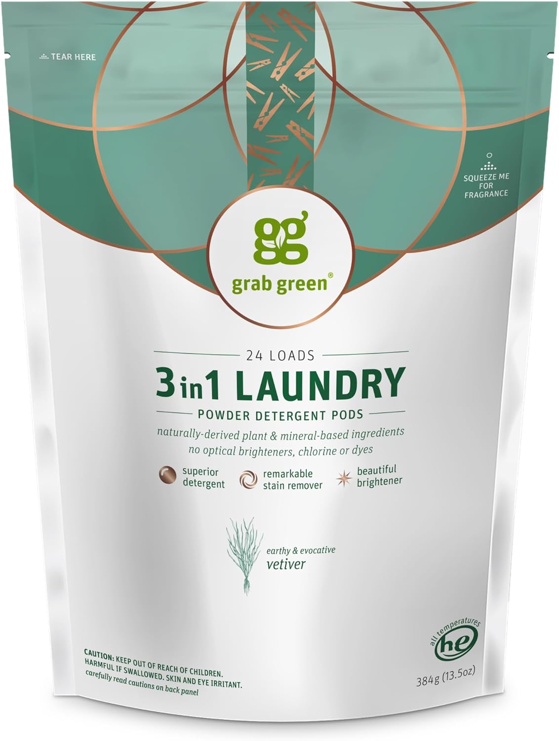 Grab Green 3-in-1 Laundry Detergent Pods, 24 Count, Vetiver Scent, Plant and Mineral Based, Superior Cleaning Power, Stain Remover, Brightens Clothes