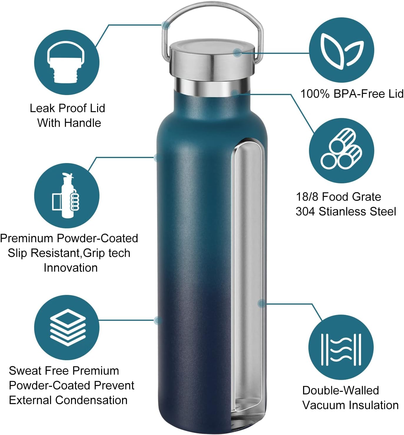 Neihepal 20 oz Insulated Water Bottles Bulk 4 Pack,Stainless Steel Double Wall Sport Bottle with Lid of Handle,Metal Reusable Thermoses Flask for School,Cyclists,Hikers,Gift (Dark Night,Set of 4)