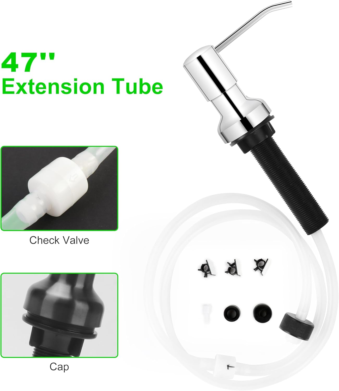 Soap Dispenser for Kitchen Sink, Sink Soap Dispenser with Longer Threaded Shaft Shank, 47" Extension Tube Connects Directly to Dish Soap Container, Wider Pump Head Base（Chrome）