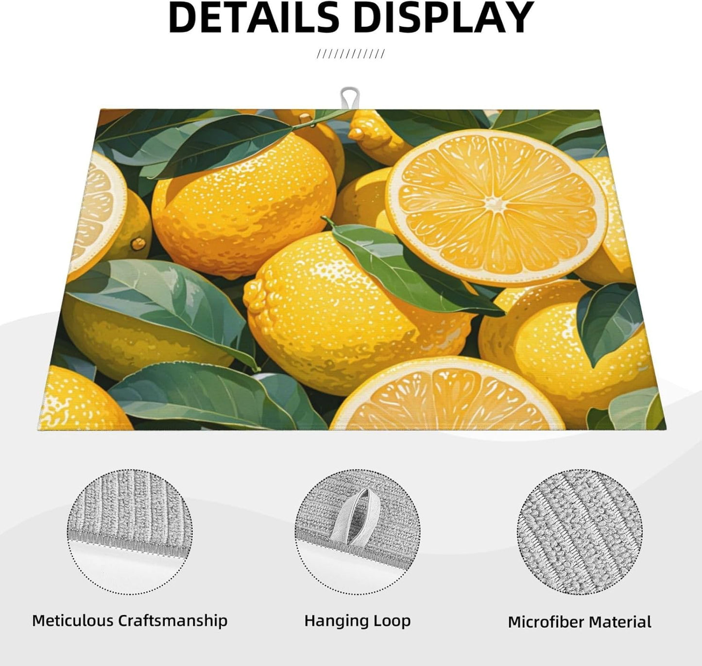 lemon Dish Drying Mat Highly Absorbent Double-Sided Microfiber with Hanging Loop Reversible Drain Dish Rack Mat Drain Mat Suitable for Kitchen Countertop Coffee Bar 18 x 24 Inch