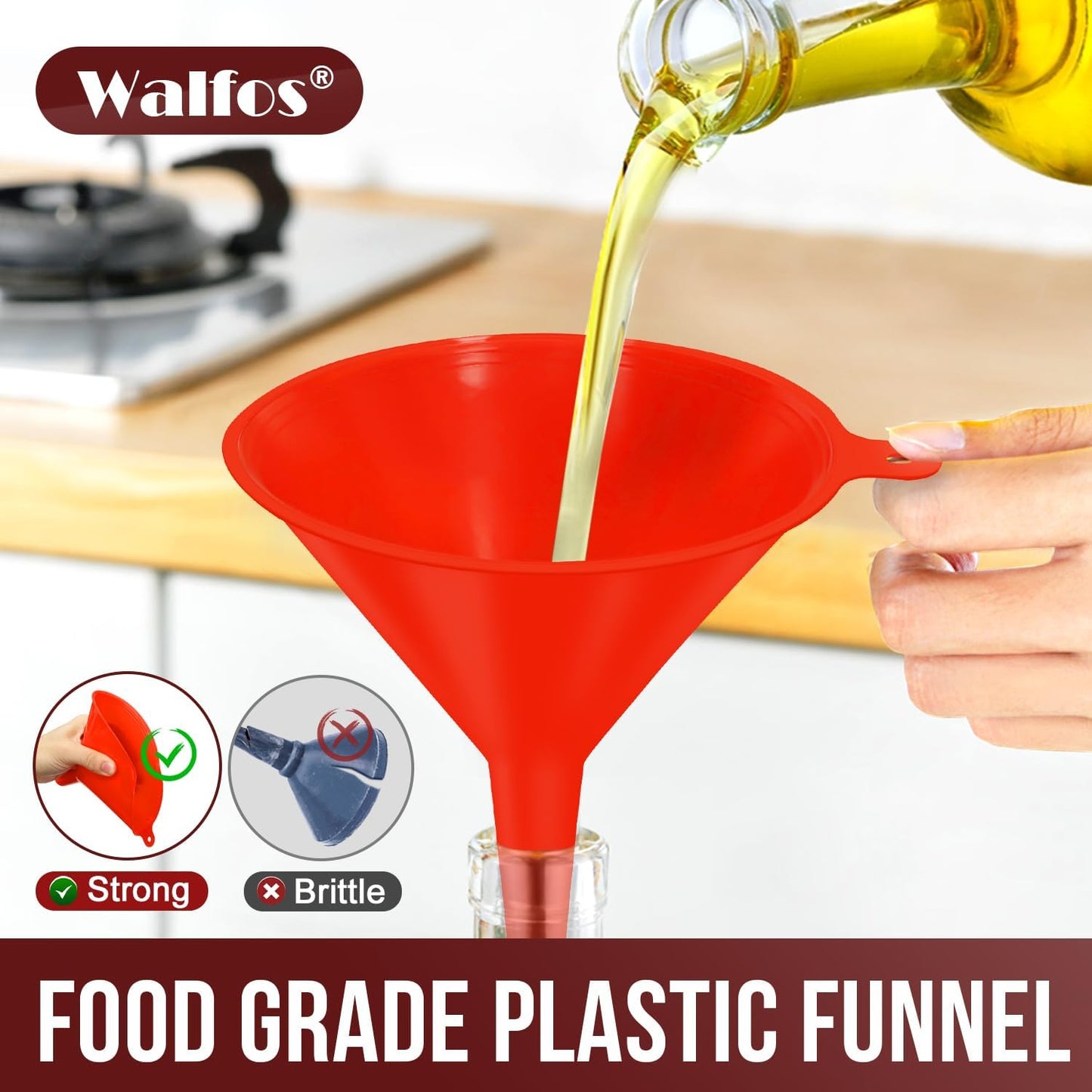 walfos 4pcs Kitchen Plastic Funnel (NO BPA),Automotive Funnel for Liquid Transfer,funnels for Filling Bottles, containers or Kitchen funnels for Laboratory use. red（4.7in&3.7in&2.7in&2in